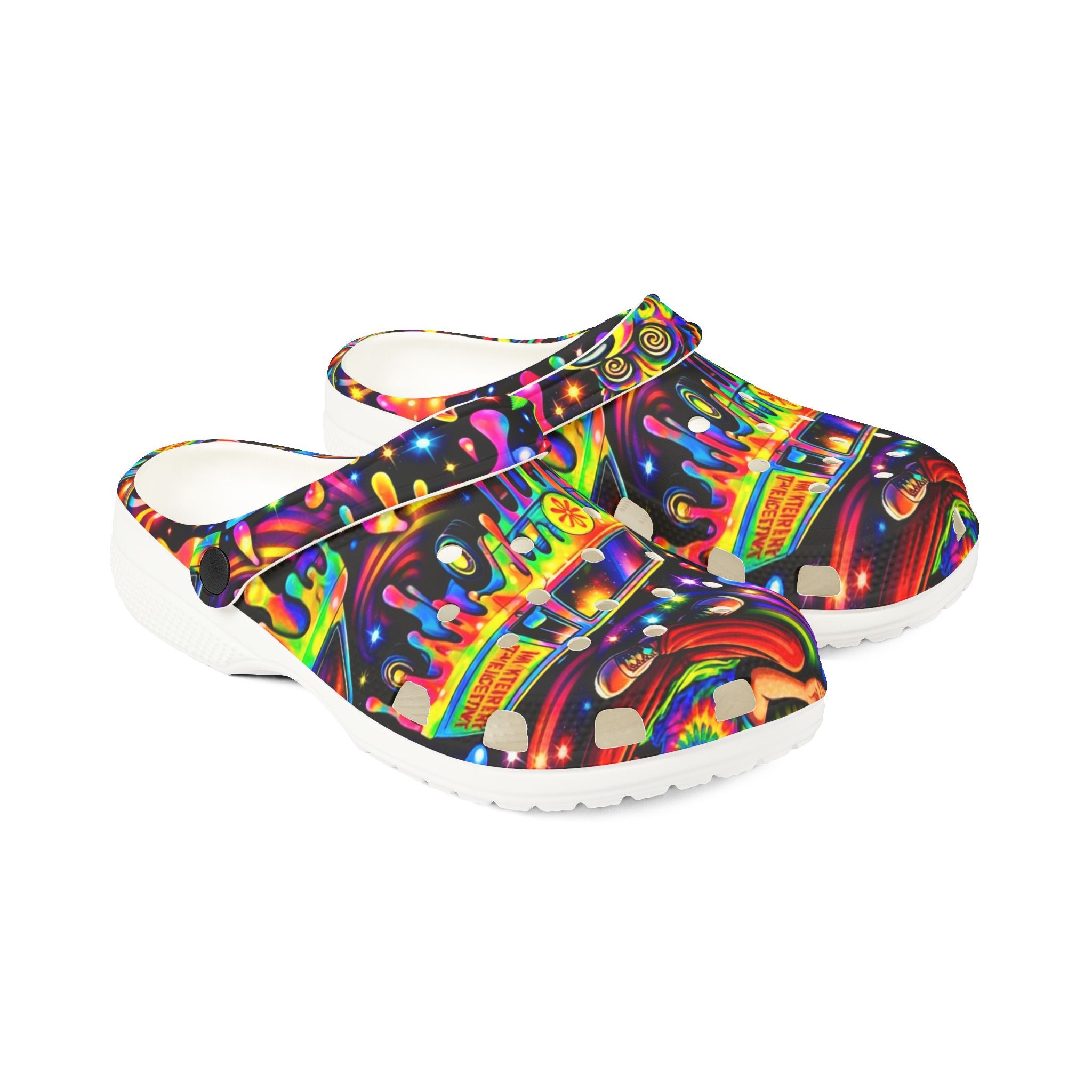 Psychedelic Hippie Van EVA Clogs — Colorful Drip Festival Slip-On Shoes