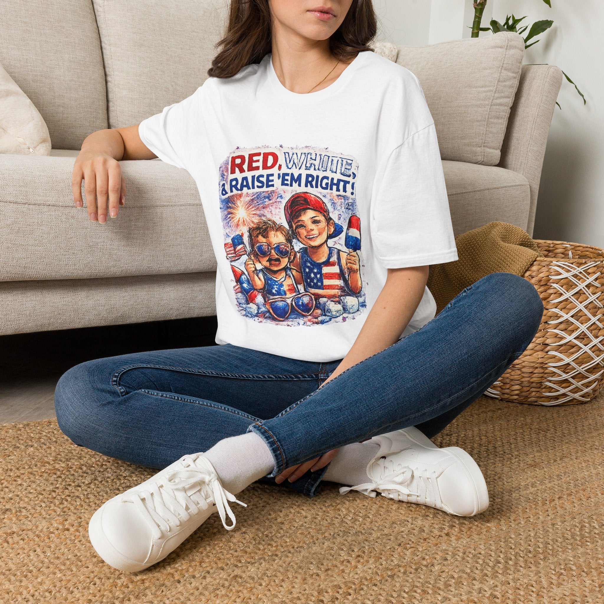 Patriotic Kids Tee — "Red, White & Raise 'Em Right" 4th of July Shirt