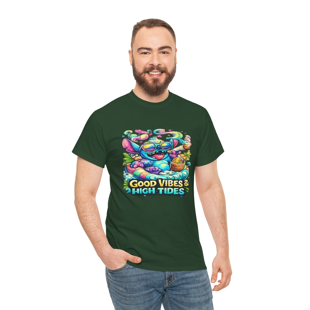 T-Shirt — "Good Vibes & High Tides" Colorful Surf Shark Graphic Tee