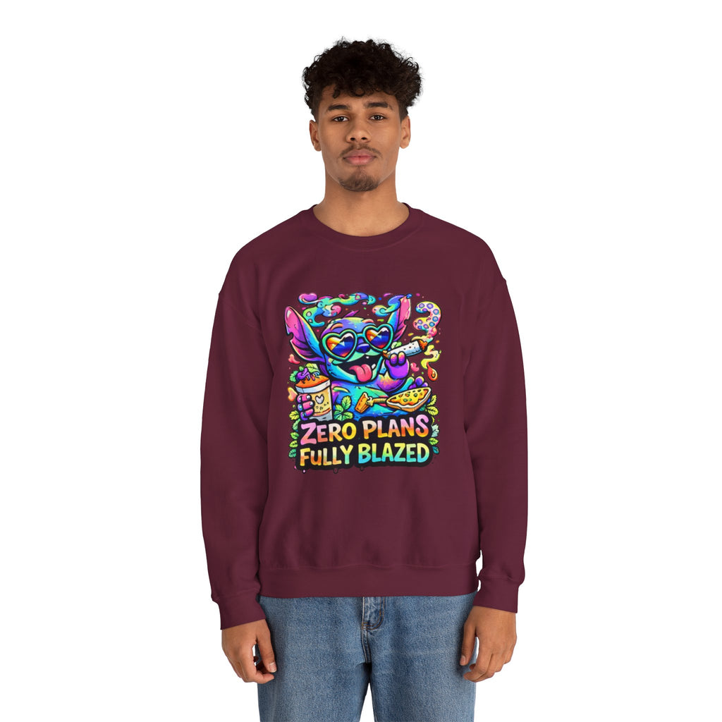 Crewneck Sweatshirt — "Zero Plans Fully Blazed" Colorful Stoner Cartoon Graphic
