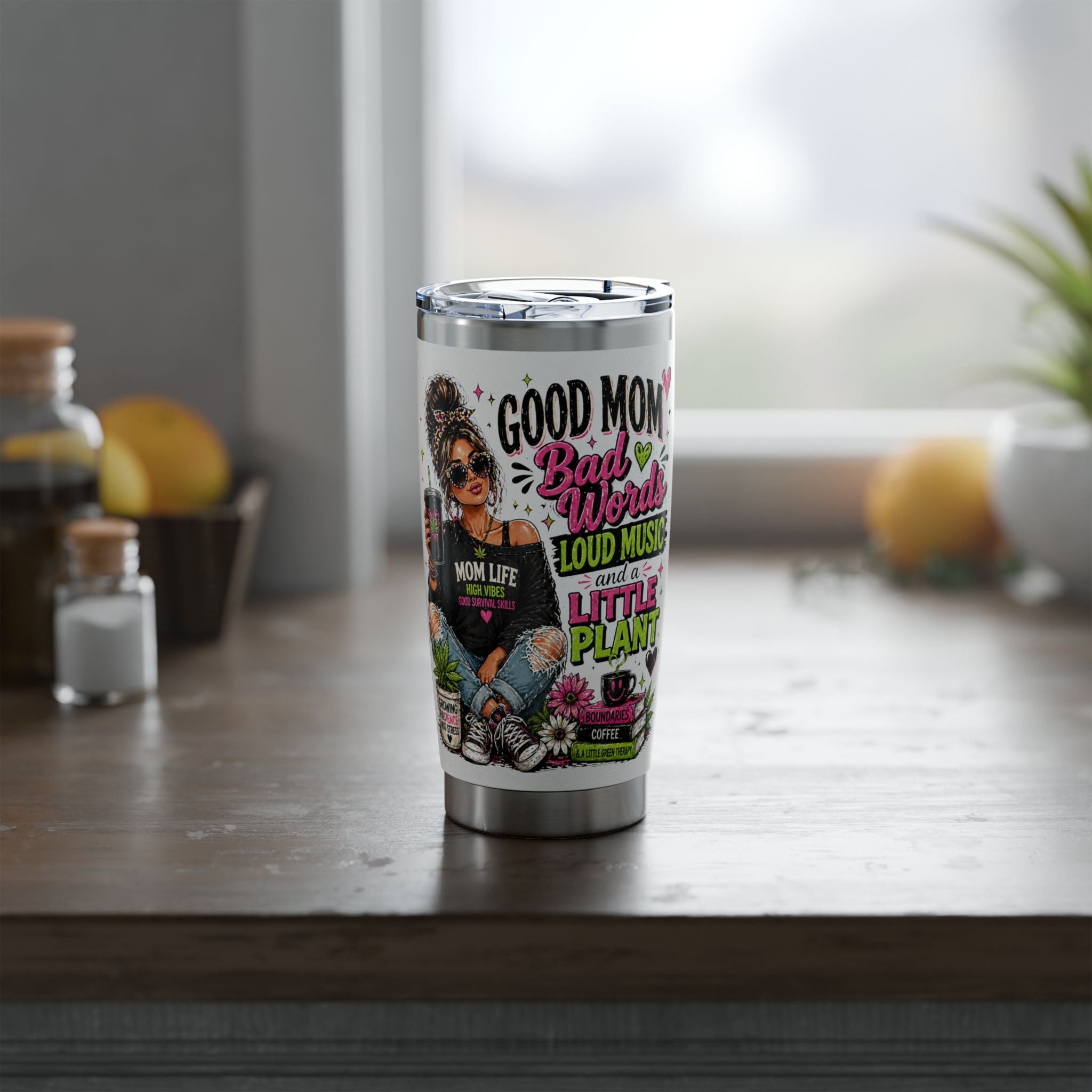 Mom Life 20oz Tumbler – 'Mom with Coffee, Plants & Music' Insulated Travel Cup