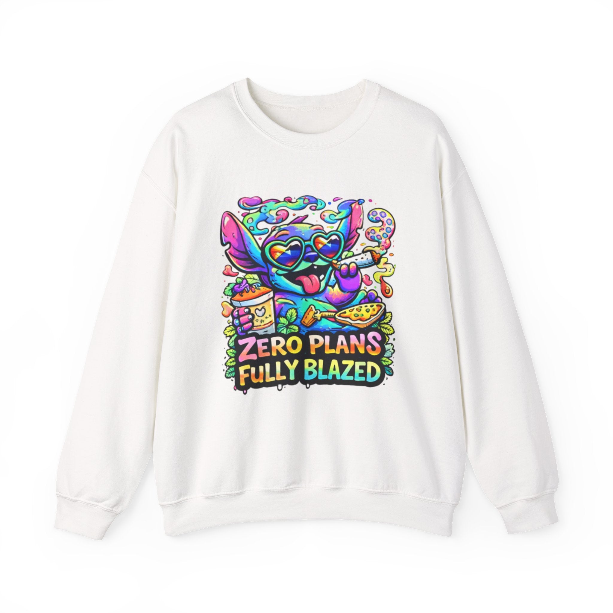 Crewneck Sweatshirt — "Zero Plans Fully Blazed" Colorful Stoner Cartoon Graphic
