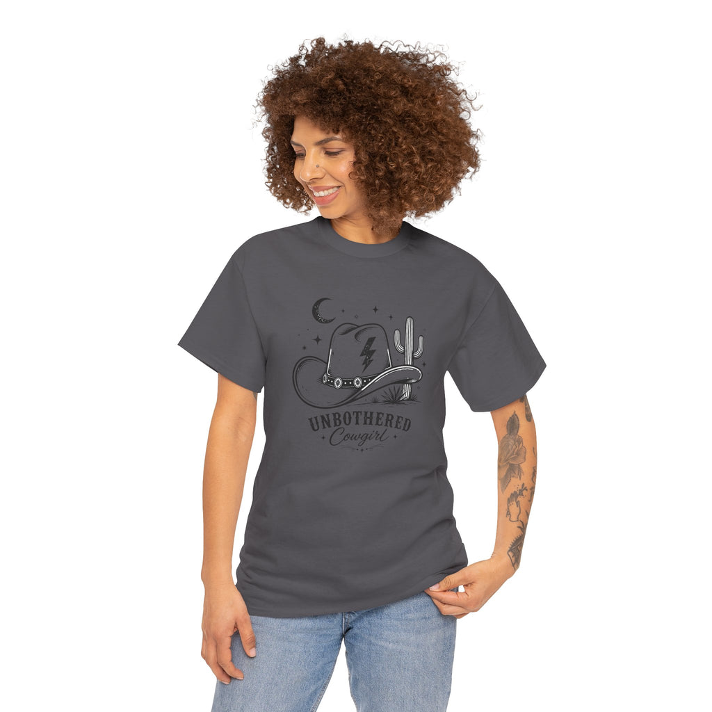 Unbothered Cowgirl Graphic Tee — Western Cowboy Hat & Cactus Design