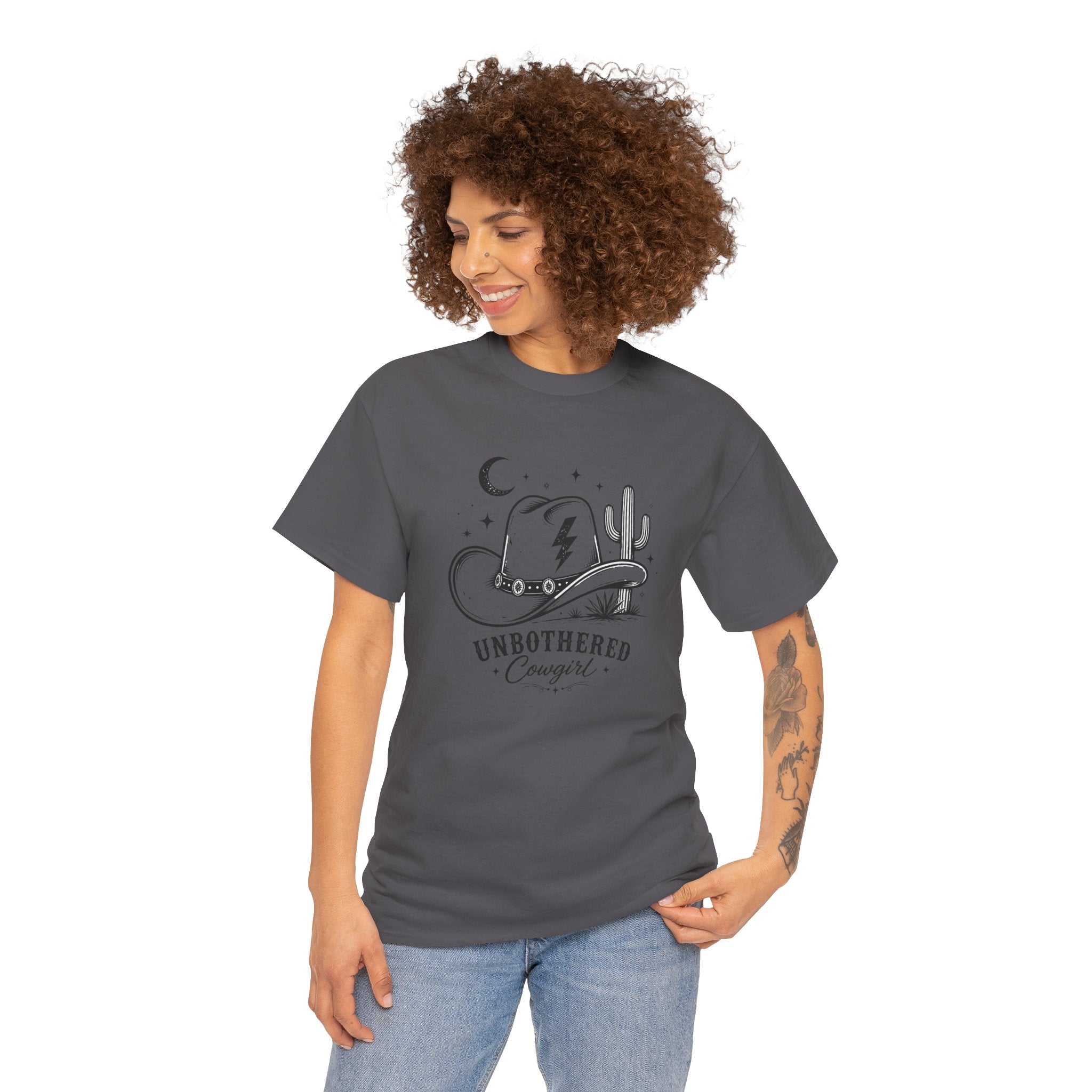 Unbothered Cowgirl Graphic Tee — Western Cowboy Hat & Cactus Design