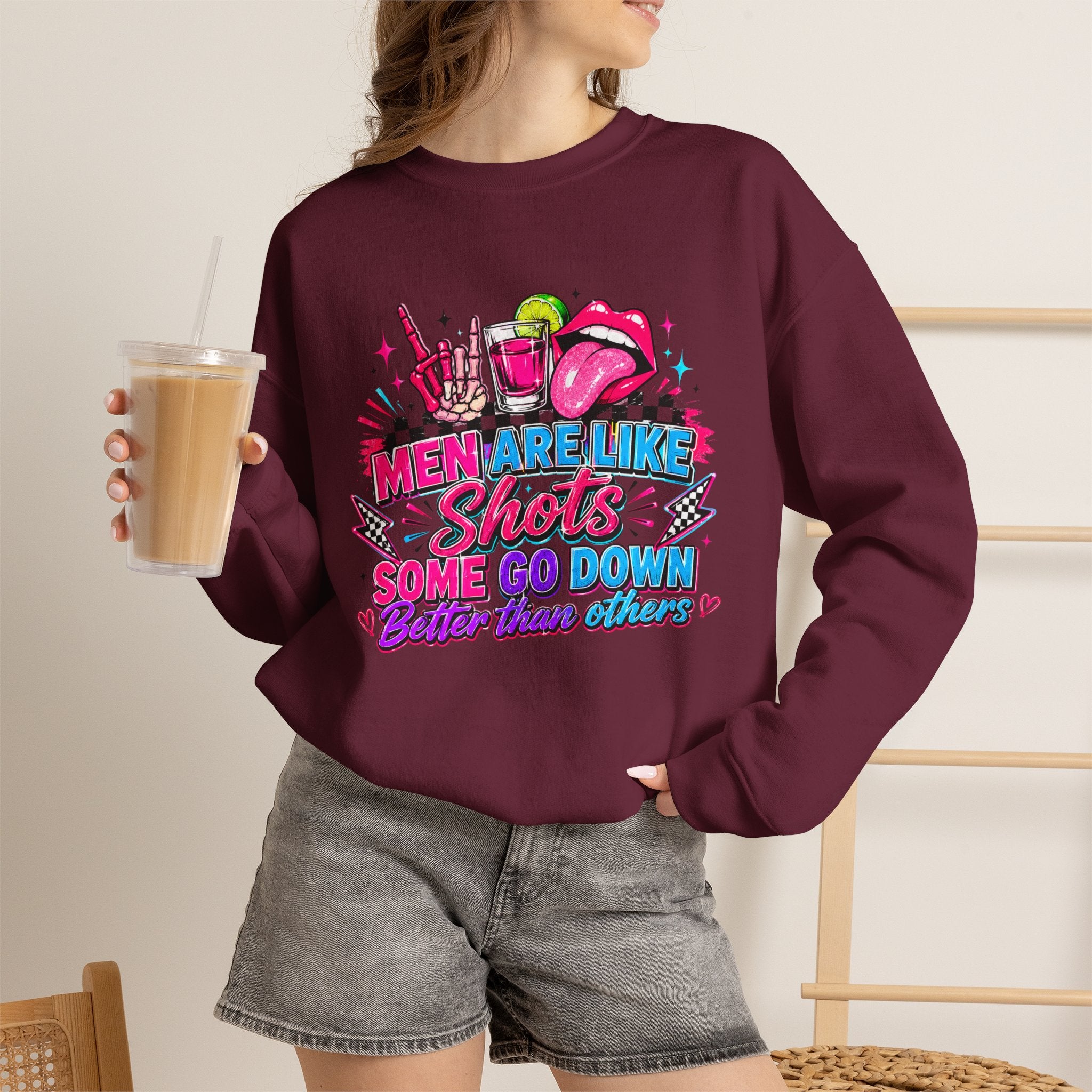 Crewneck Sweatshirt — "Men Are Like Shots" Retro Neon Cocktail Graphic