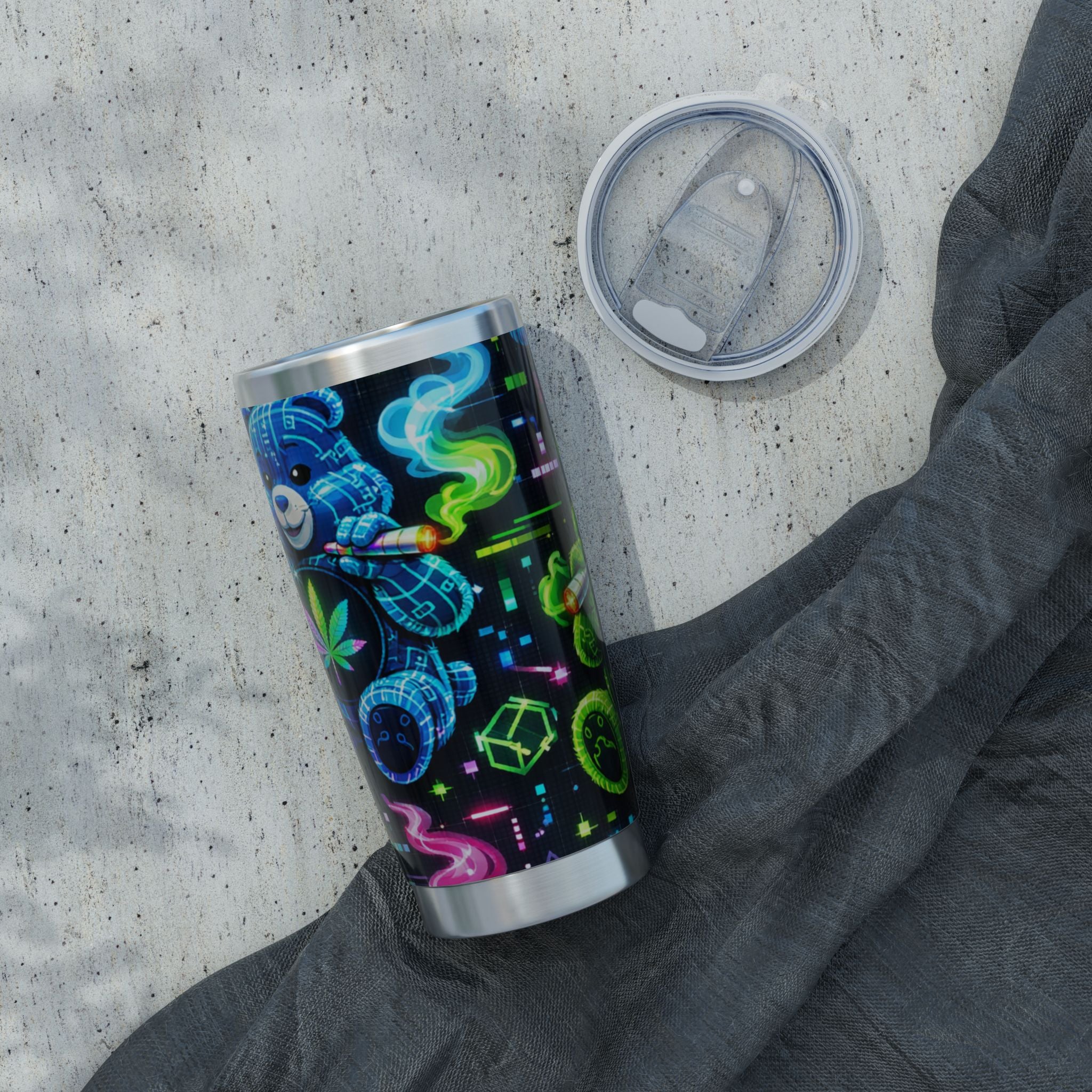 Neon Psychedelic Bear 20oz Tumbler — Vaporwave Travel Cup with Retro Cannabis Art