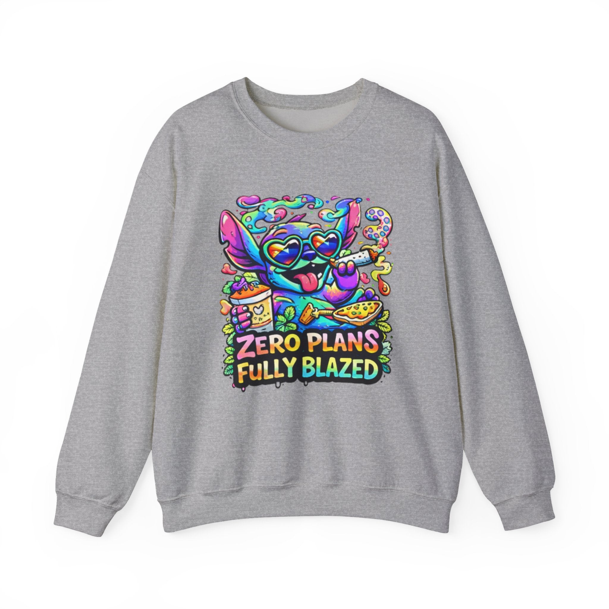 Crewneck Sweatshirt — "Zero Plans Fully Blazed" Colorful Stoner Cartoon Graphic