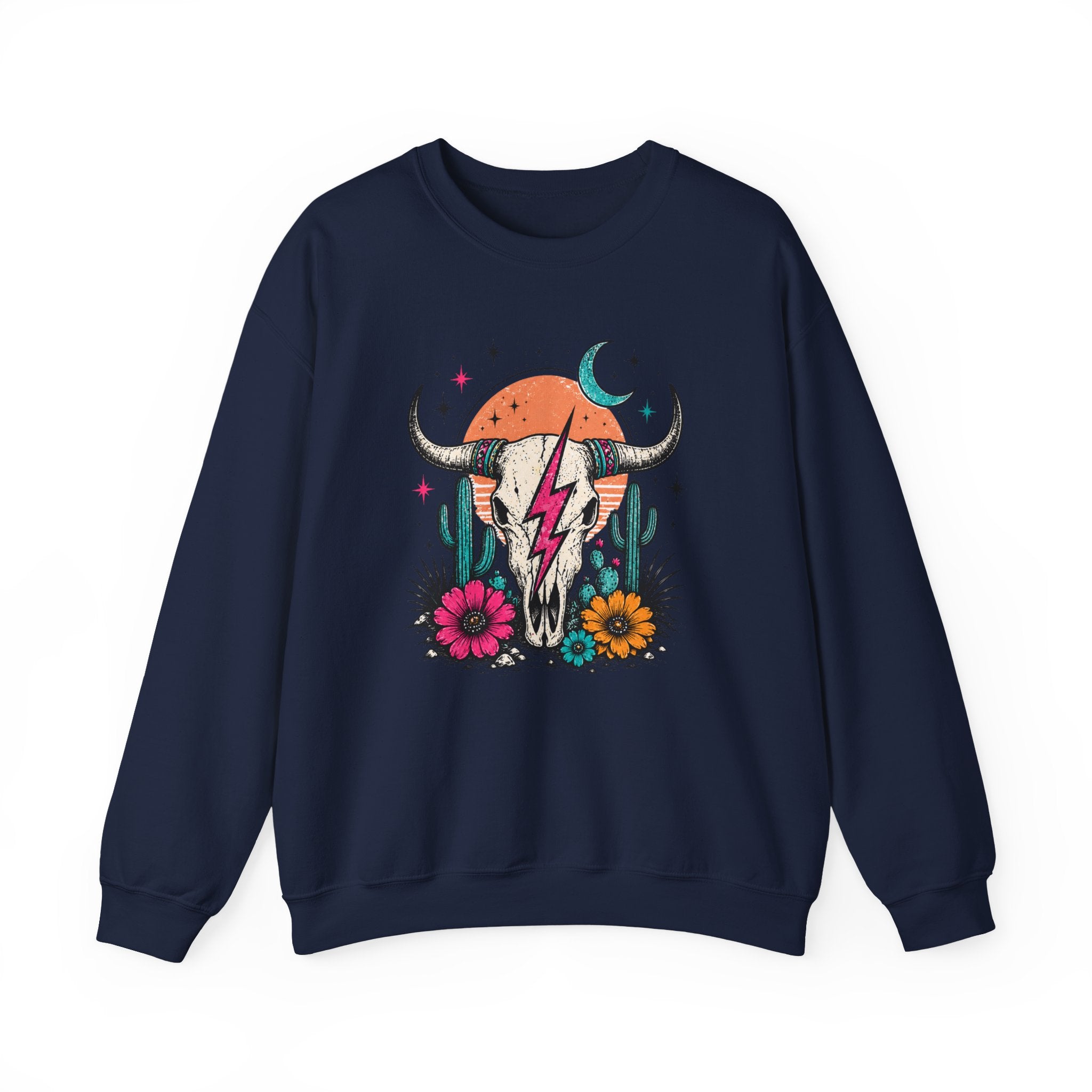Southwest Skull Crewneck Sweatshirt — Desert Cactus Lightning Graphic