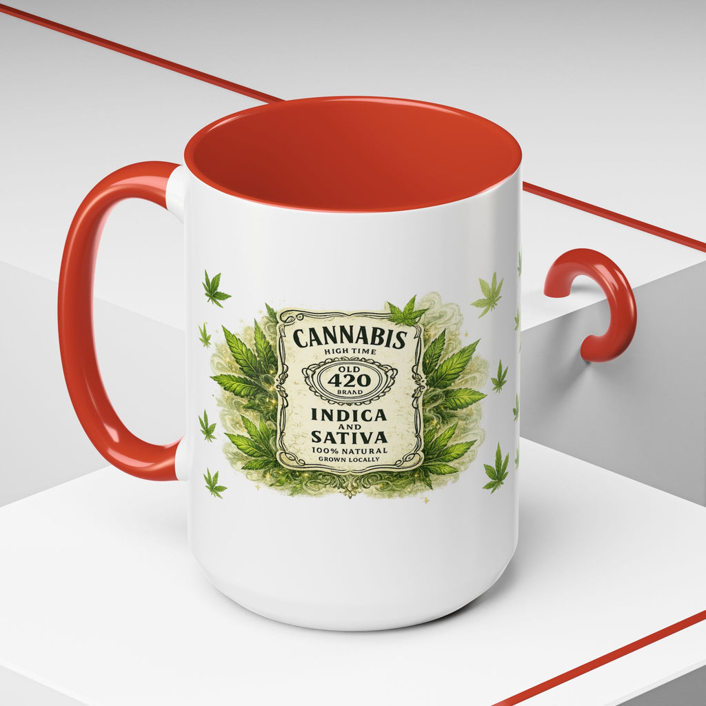 Cannabis 420 Accent Coffee Mug — Indica & Sativa Leaf Pattern (11/15oz)