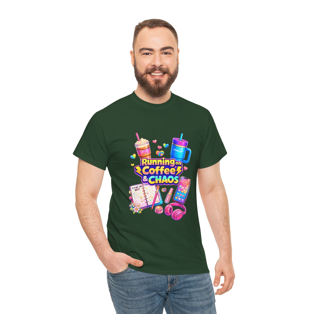 Graphic Tee — "Running on Coffee & Chaos" Colorful Planner Lover Shirt