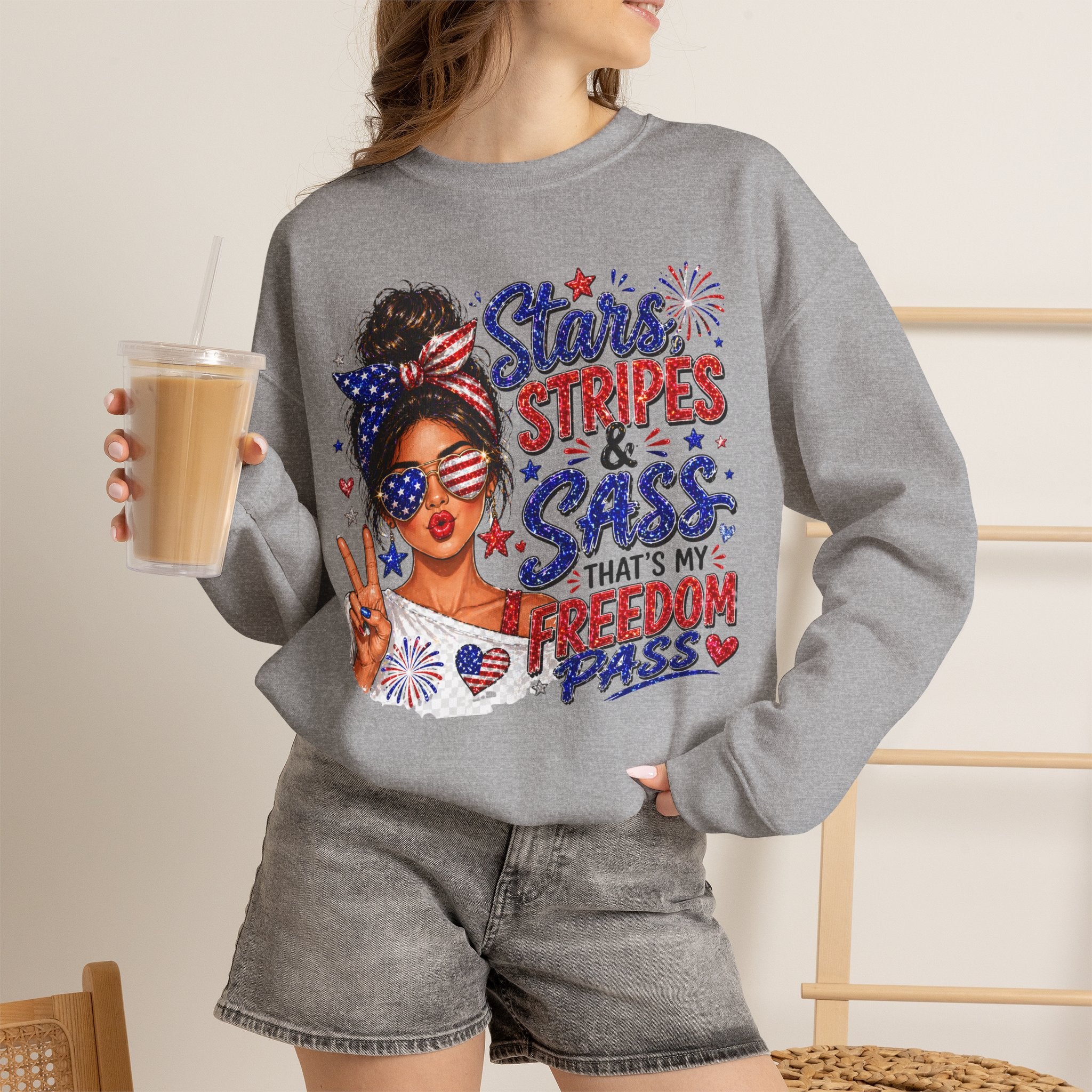 Patriotic 'Stars, Stripes & Sass' Crewneck Sweatshirt – 4th of July Freedom Pass Graphic