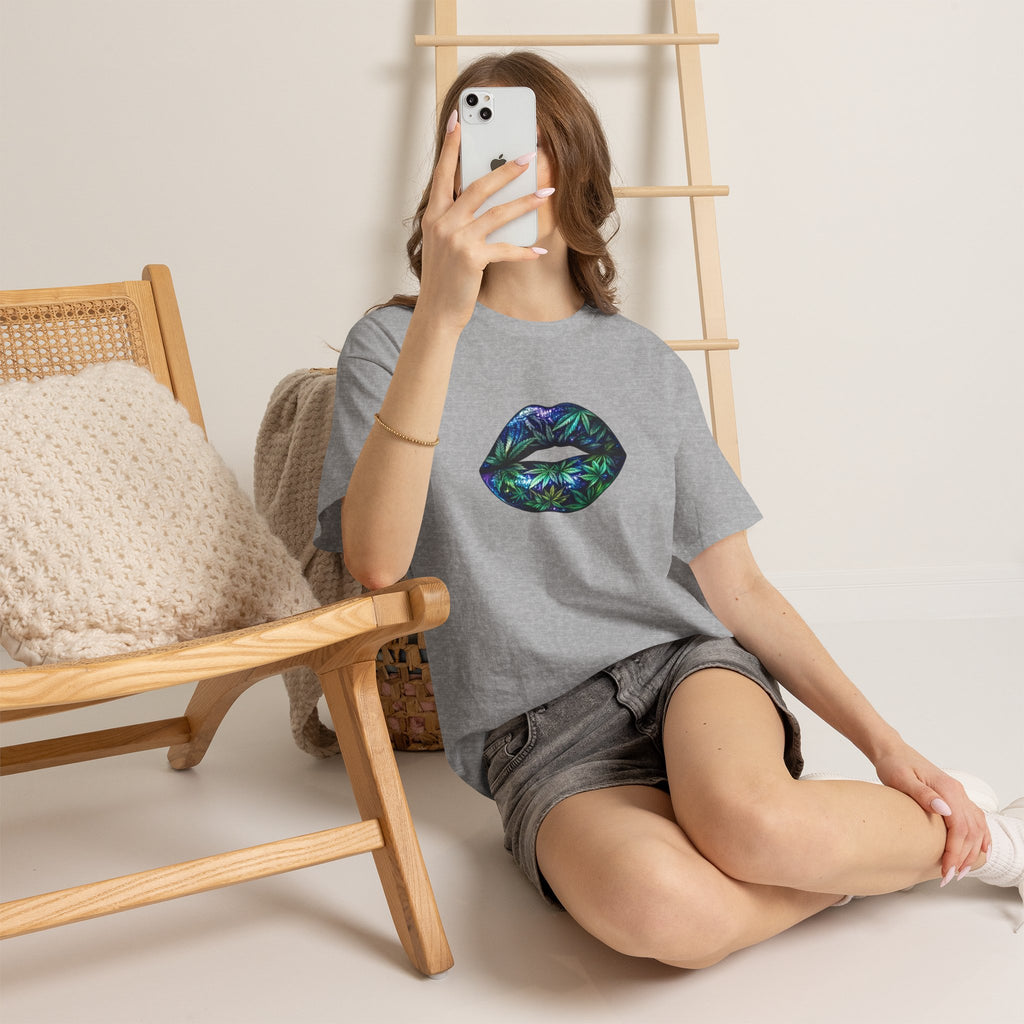 Lips Graphic Tee — Iridescent Botanical Leaf Kiss T-Shirt