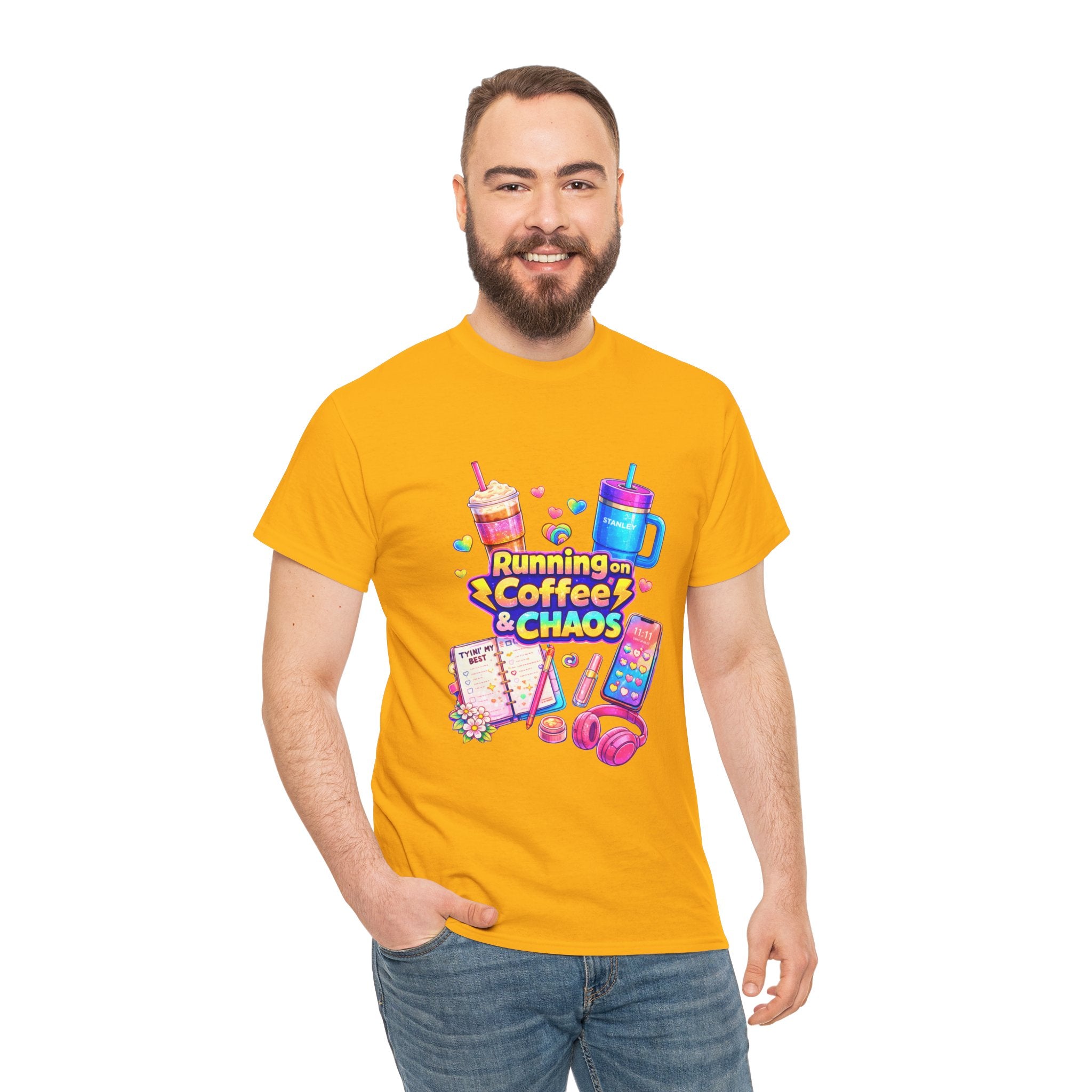Graphic Tee — "Running on Coffee & Chaos" Colorful Planner Lover Shirt