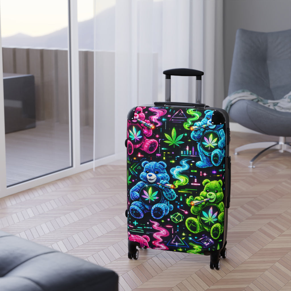 Neon Teddy Cannabis Suitcase – Colorful Psychedelic Carry-On