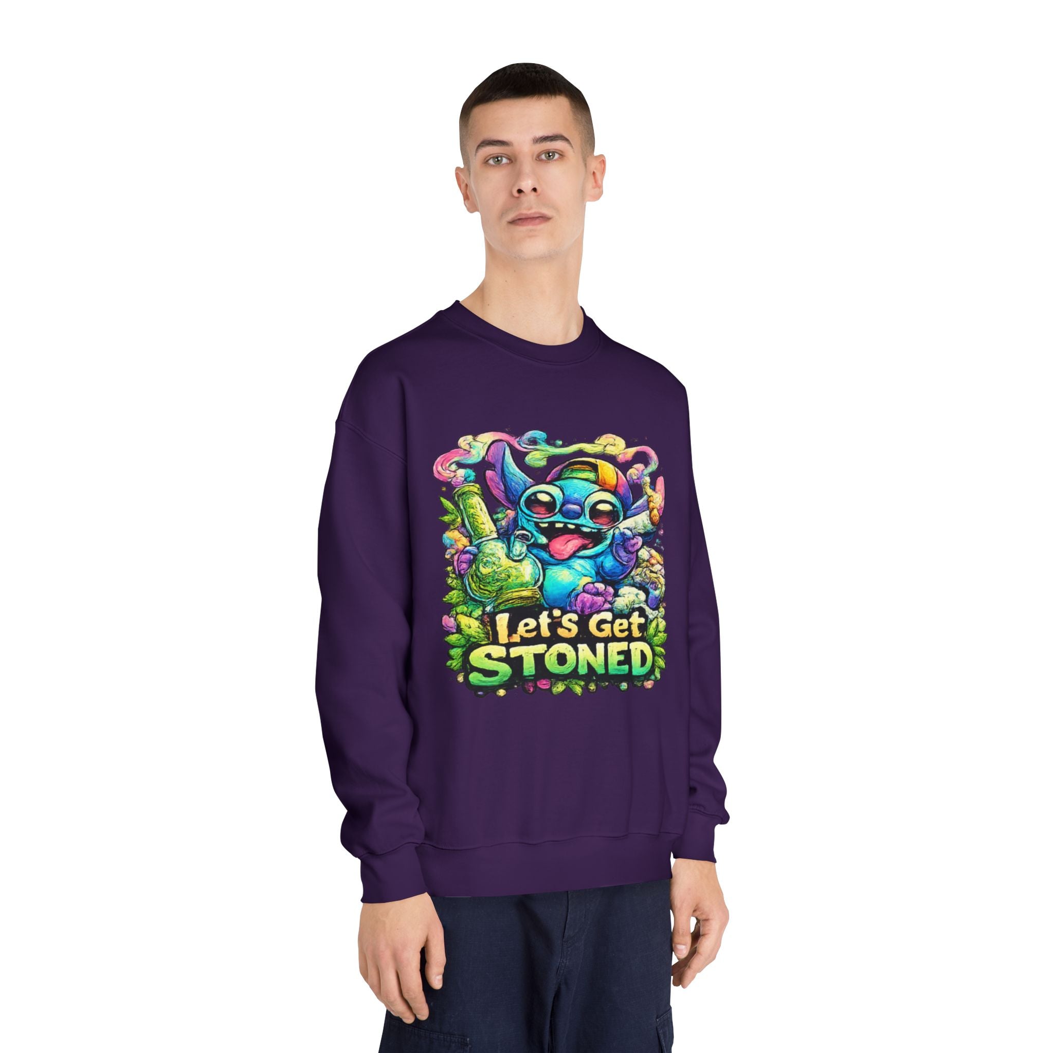 Let's Get Stoned Crewneck Sweatshirt – Colorful Psychedelic Alien Graphic