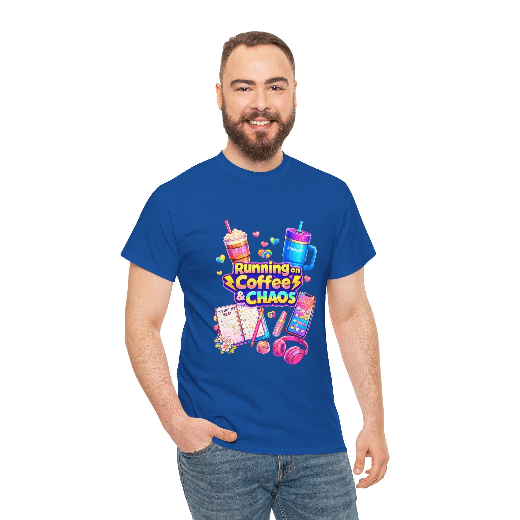 Graphic Tee — "Running on Coffee & Chaos" Colorful Planner Lover Shirt