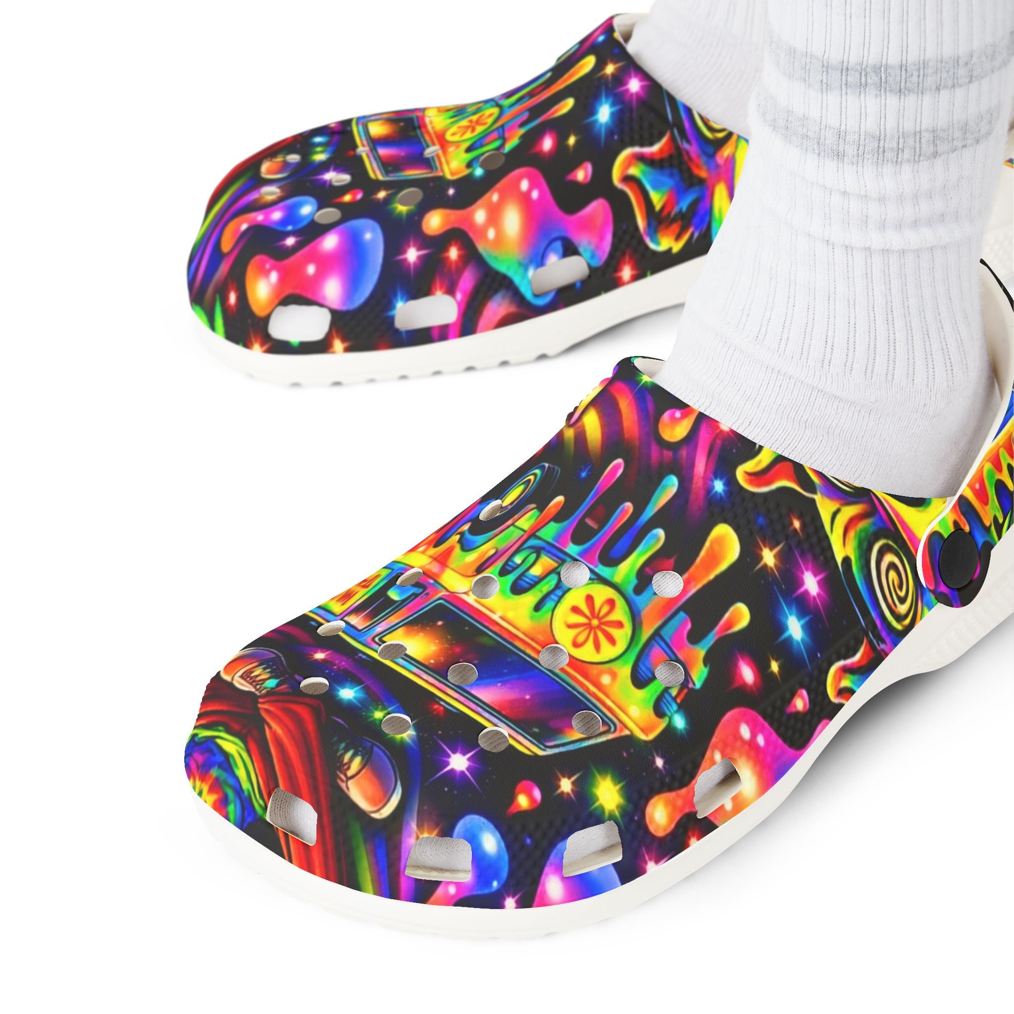 Psychedelic Hippie Van EVA Clogs — Colorful Drip Festival Slip-On Shoes