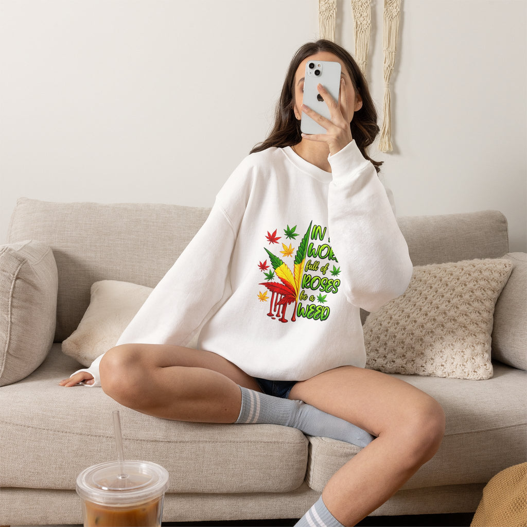 Crewneck Sweatshirt — "In a World Full of Roses Be a Weed" Rasta Cannabis Graphic