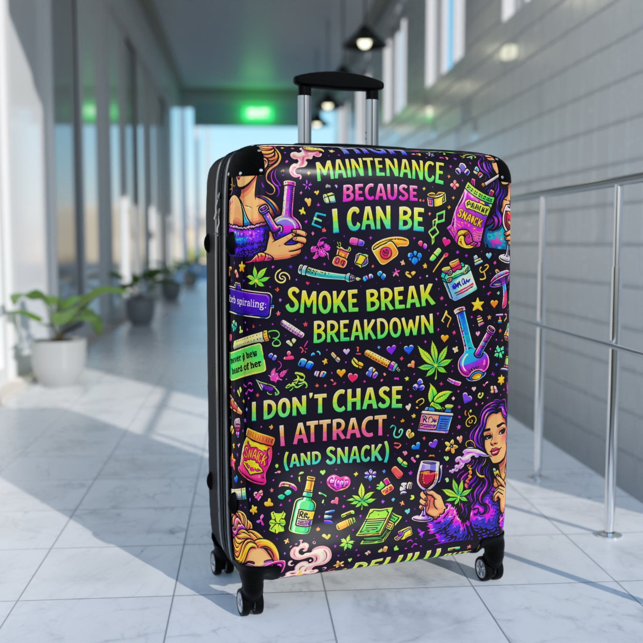 Suitcase — Colorful Cannabis Self-Care Carry-On: "Maintenance Because I Can Be" Travel Luggage