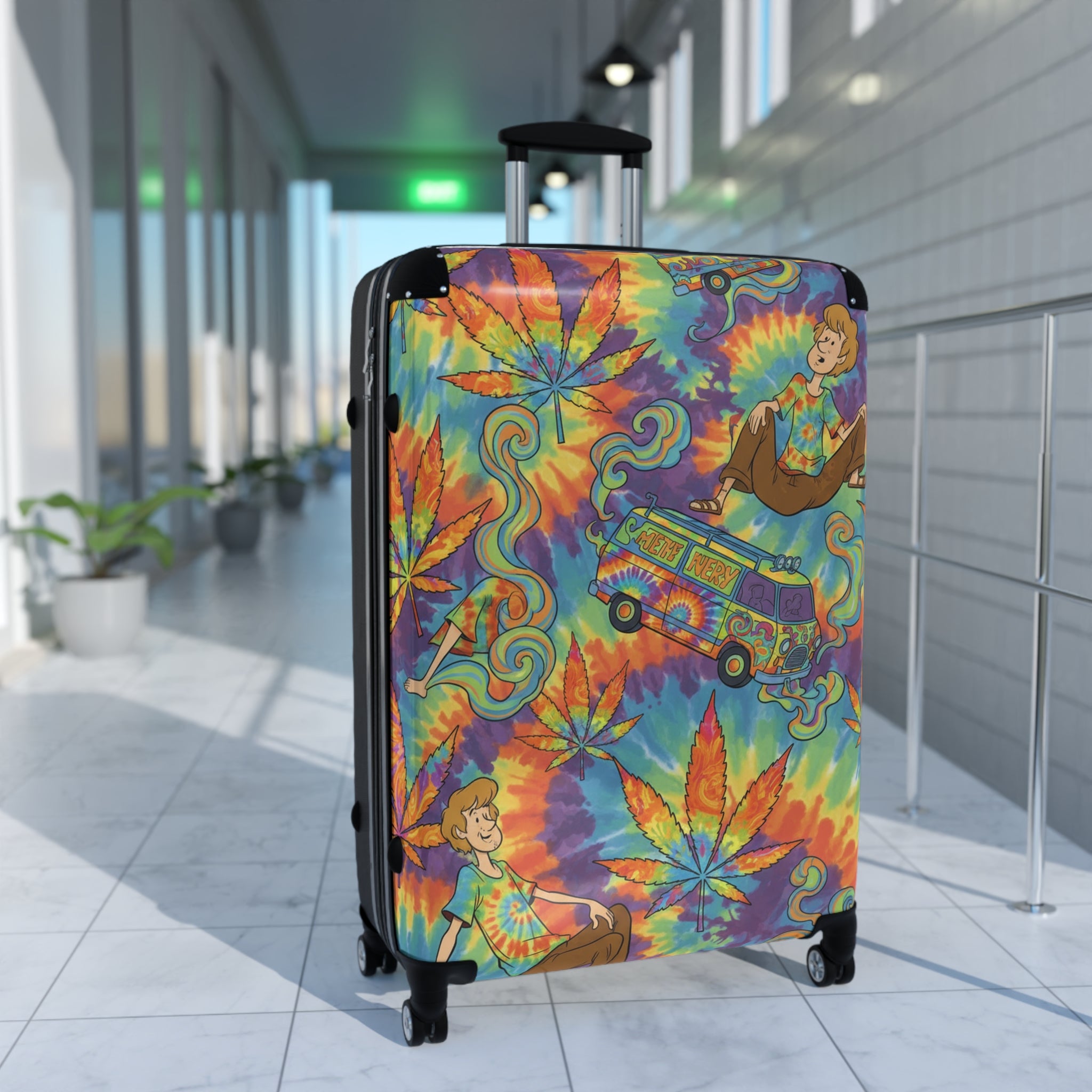 Tie-Dye Hippie Van Suitcase - Colorful Retro Cannabis Leaf Carry-On