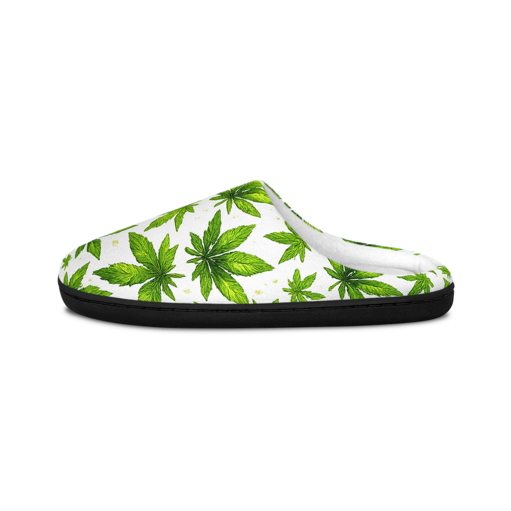 Women's Indoor Slippers — Green Watercolor Cannabis Leaf Pattern Cozy House Shoes