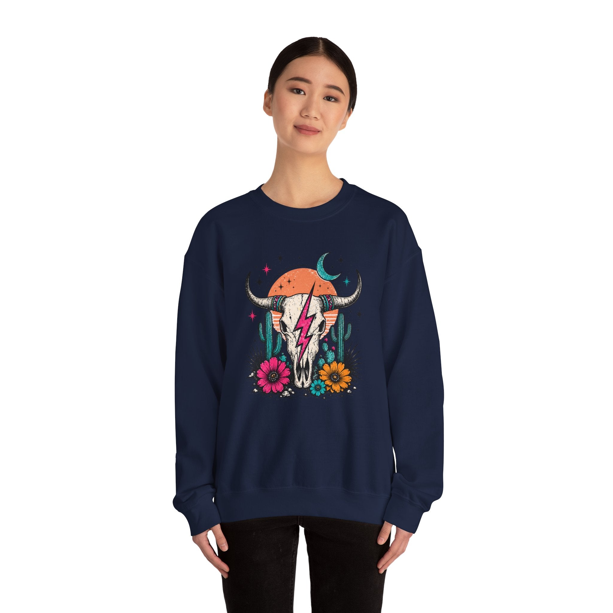 Southwest Skull Crewneck Sweatshirt — Desert Cactus Lightning Graphic