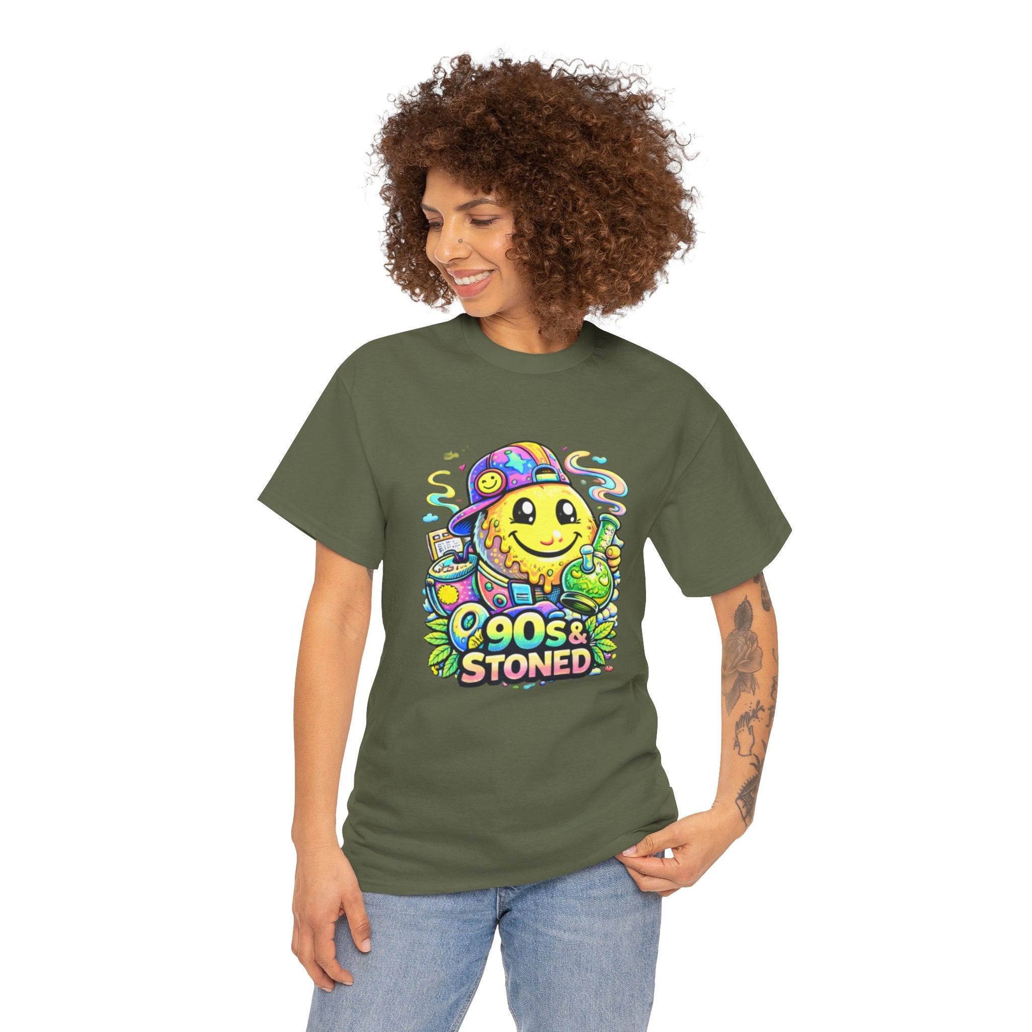 90s & Stoned Smiley Tee — Retro Vaporwave Cannabis Graphic T-Shirt