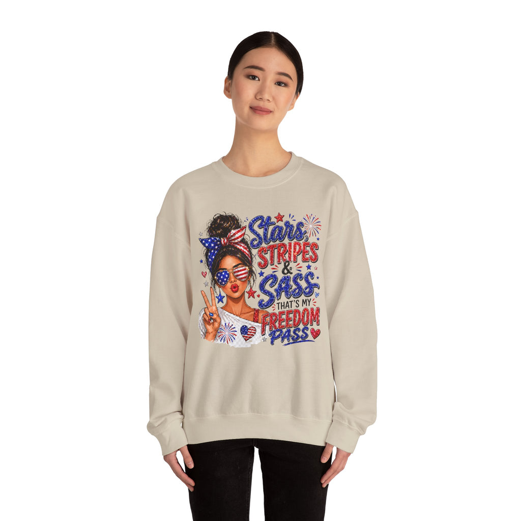 Patriotic 'Stars, Stripes & Sass' Crewneck Sweatshirt – 4th of July Freedom Pass Graphic
