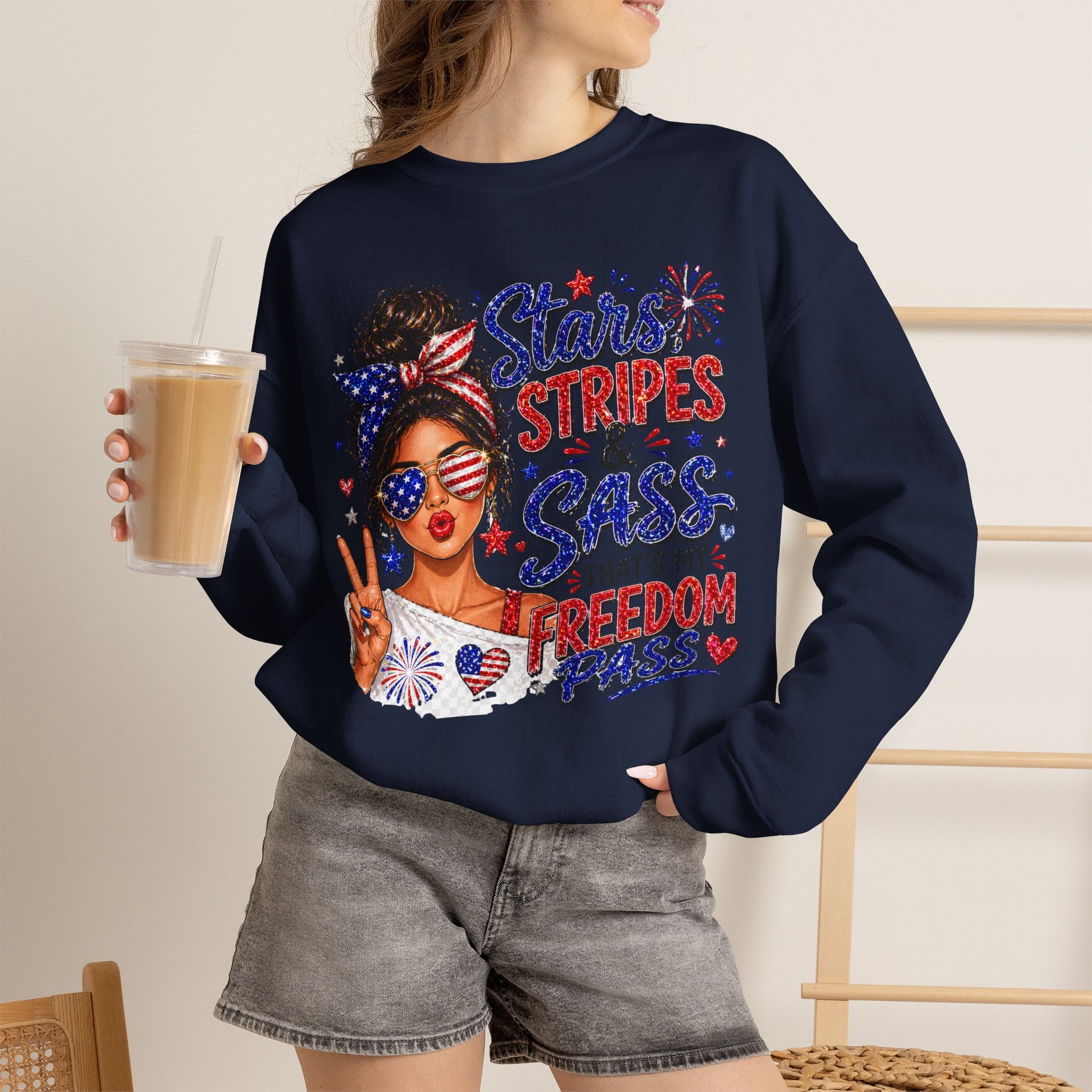 Patriotic 'Stars, Stripes & Sass' Crewneck Sweatshirt – 4th of July Freedom Pass Graphic