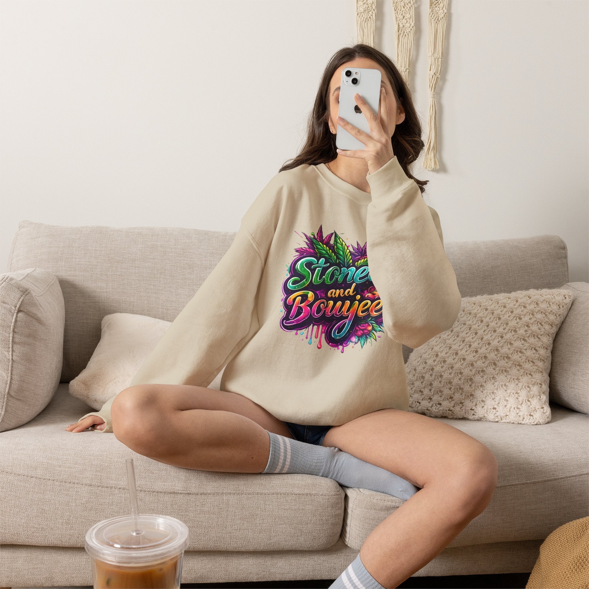 Crewneck Sweatshirt — "Stoned and Boujee" Colorful Cannabis Graphic