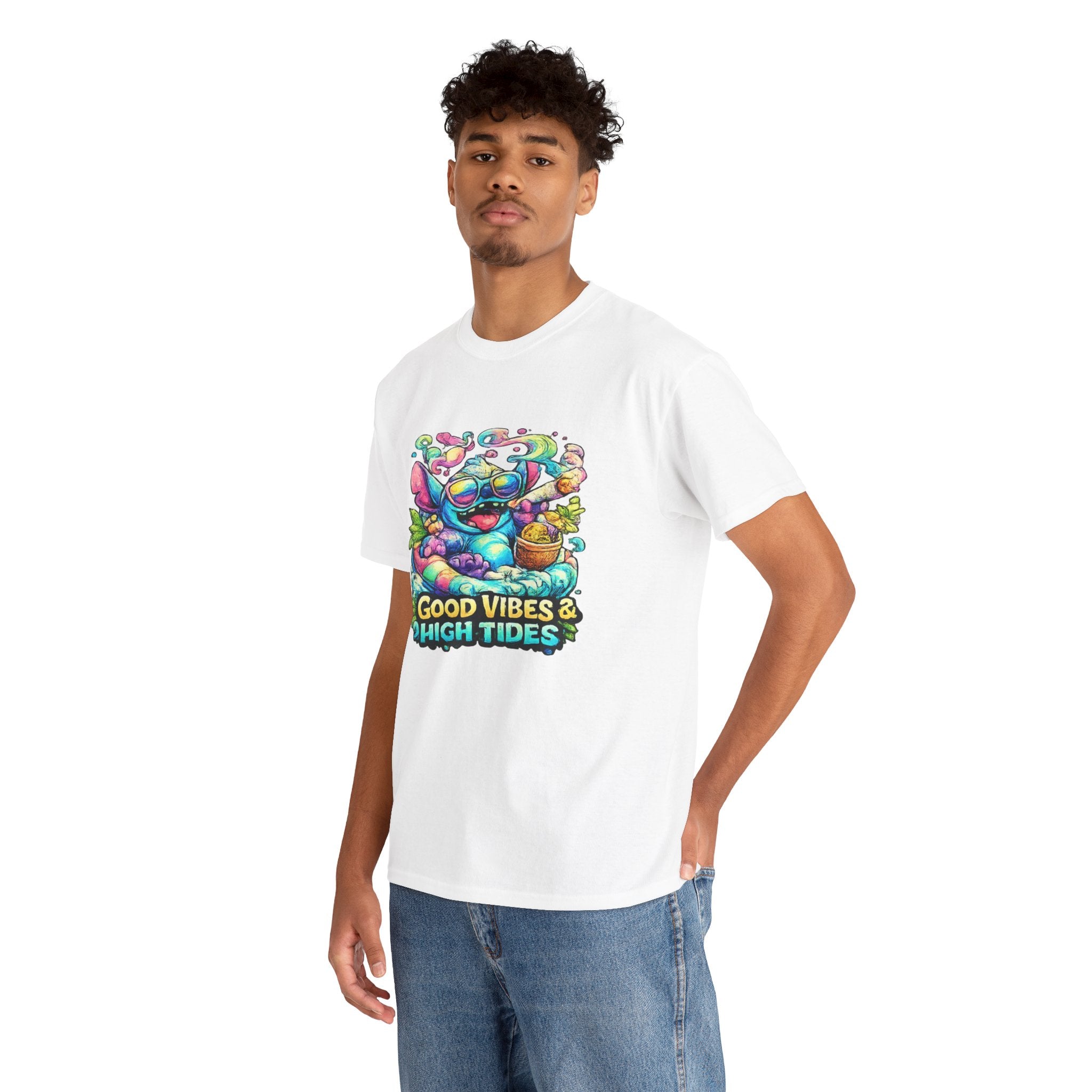 T-Shirt — "Good Vibes & High Tides" Colorful Surf Shark Graphic Tee