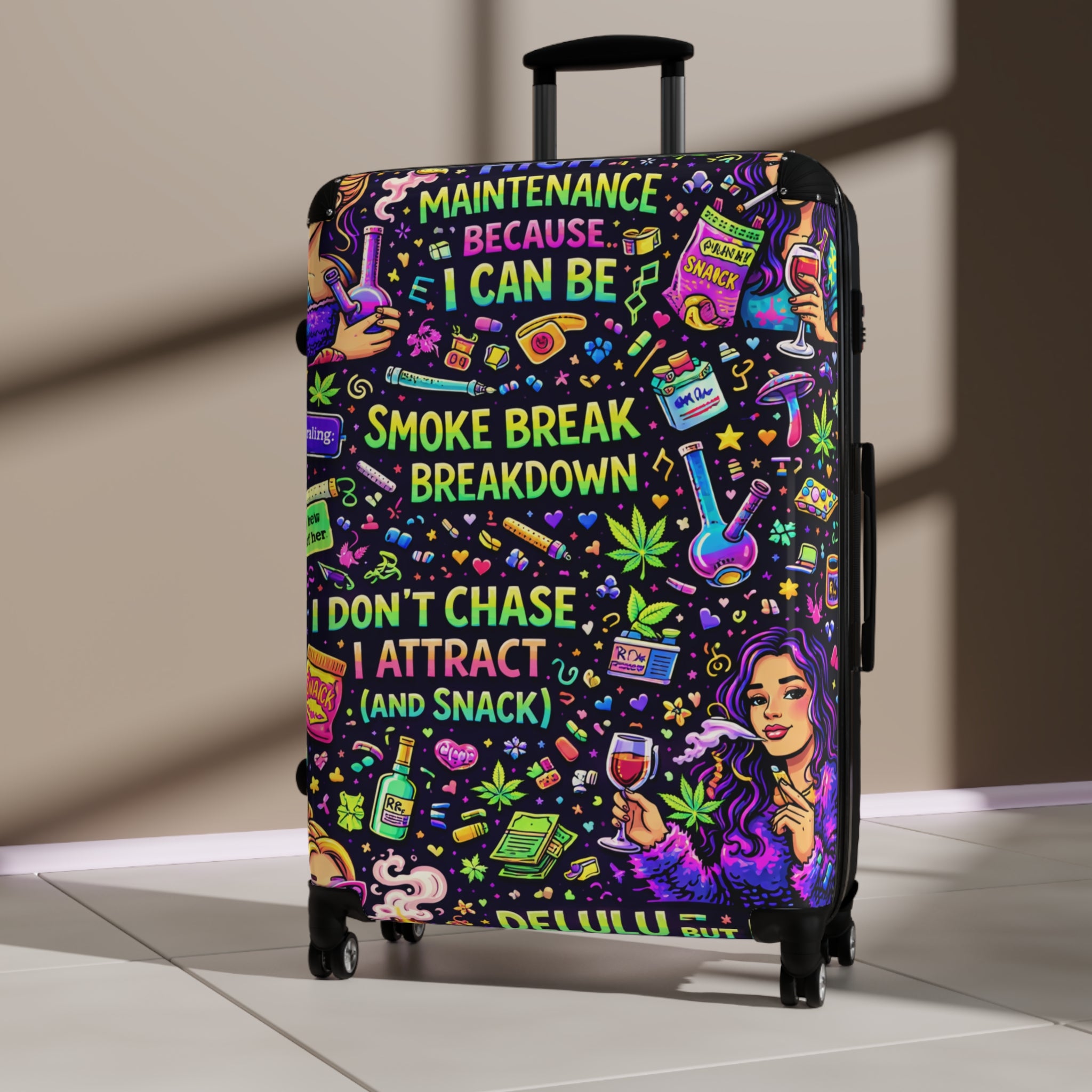 Suitcase — Colorful Cannabis Self-Care Carry-On: "Maintenance Because I Can Be" Travel Luggage