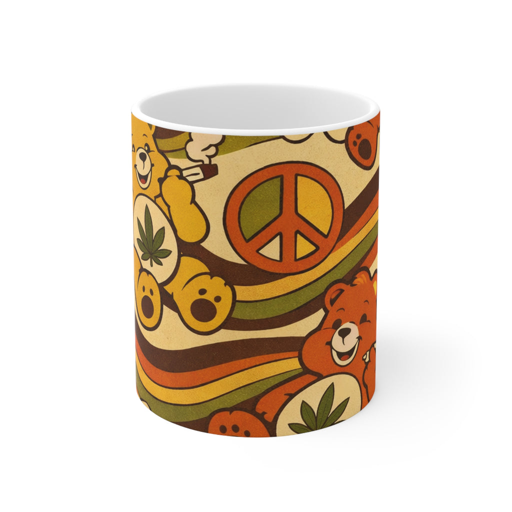 Retro Weed Bear Mug — 11oz & 15oz Ceramic Coffee Cup with Peace Sign & Cannabis Design