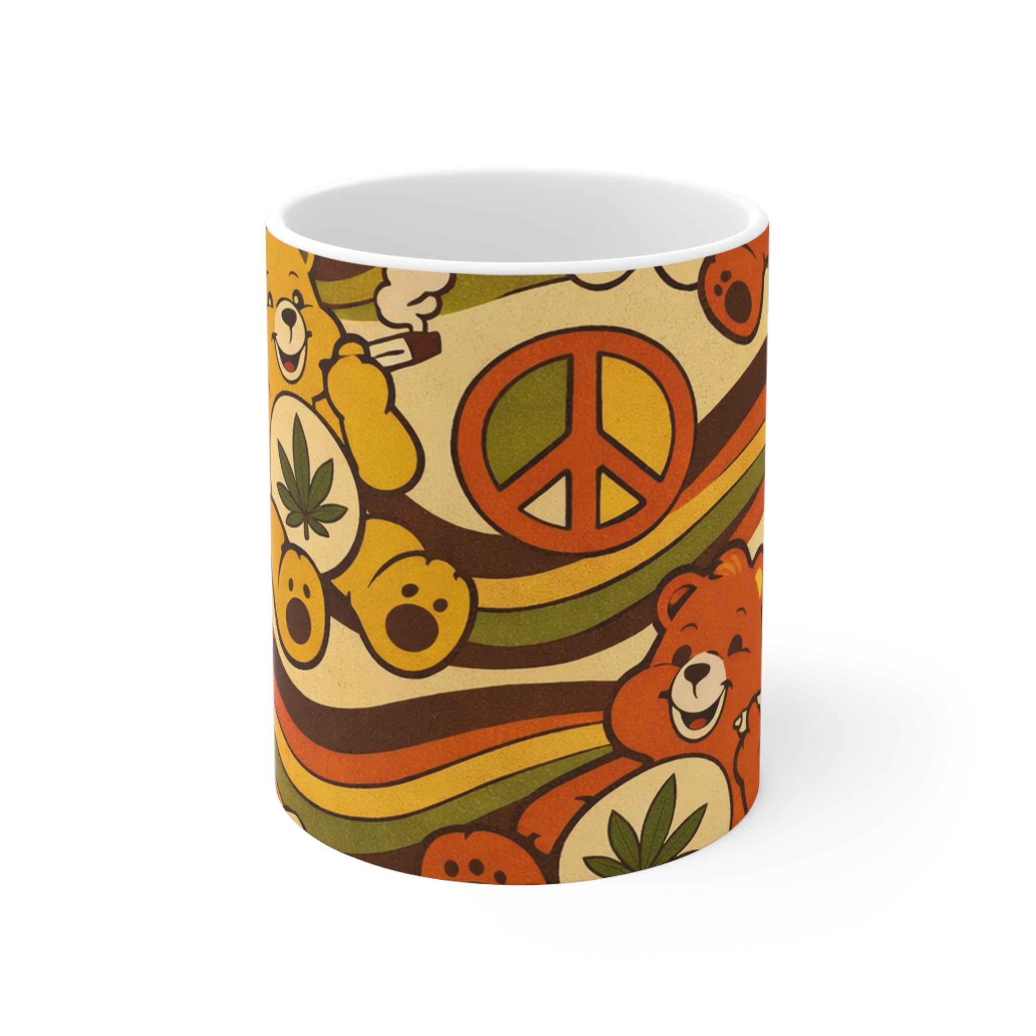 Retro Weed Bear Mug — 11oz & 15oz Ceramic Coffee Cup with Peace Sign & Cannabis Design