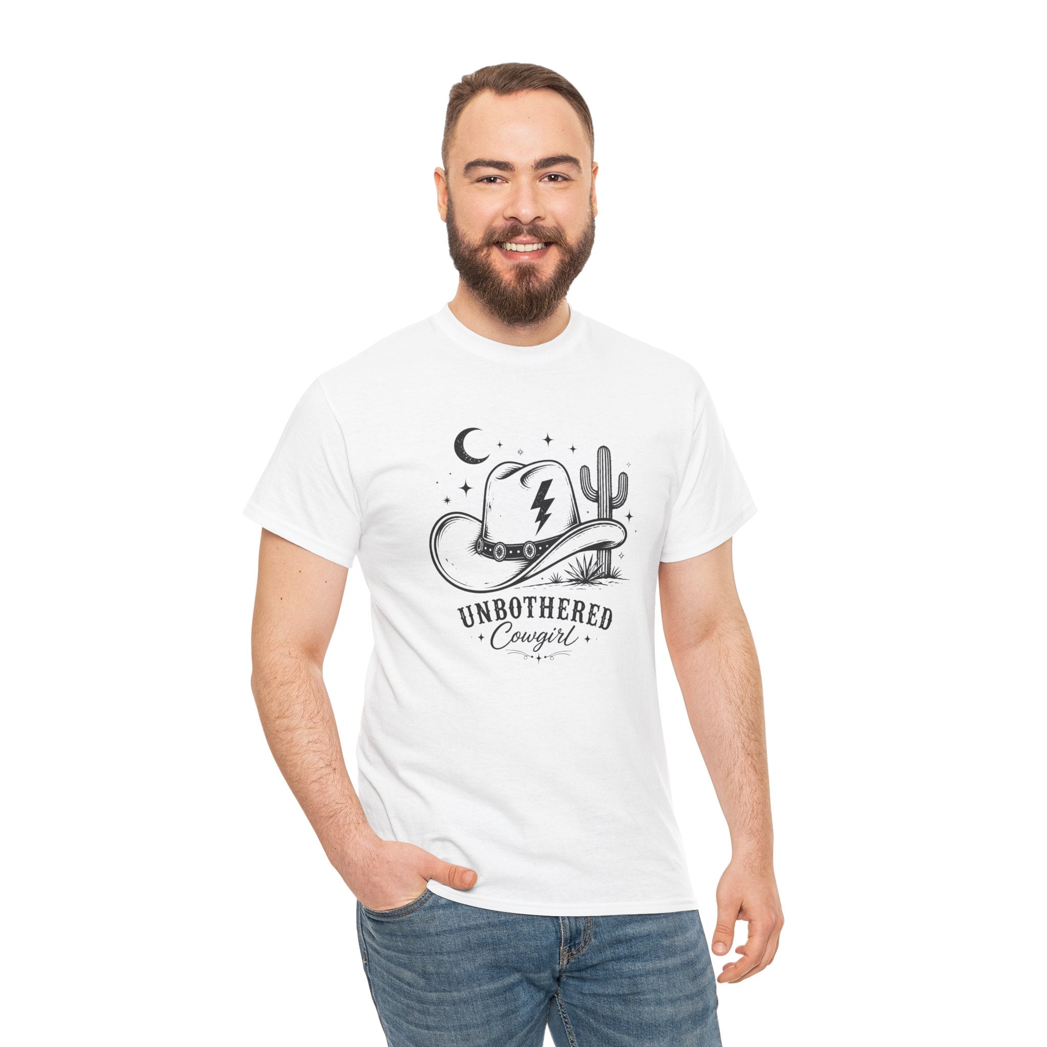 Unbothered Cowgirl Graphic Tee — Western Cowboy Hat & Cactus Design