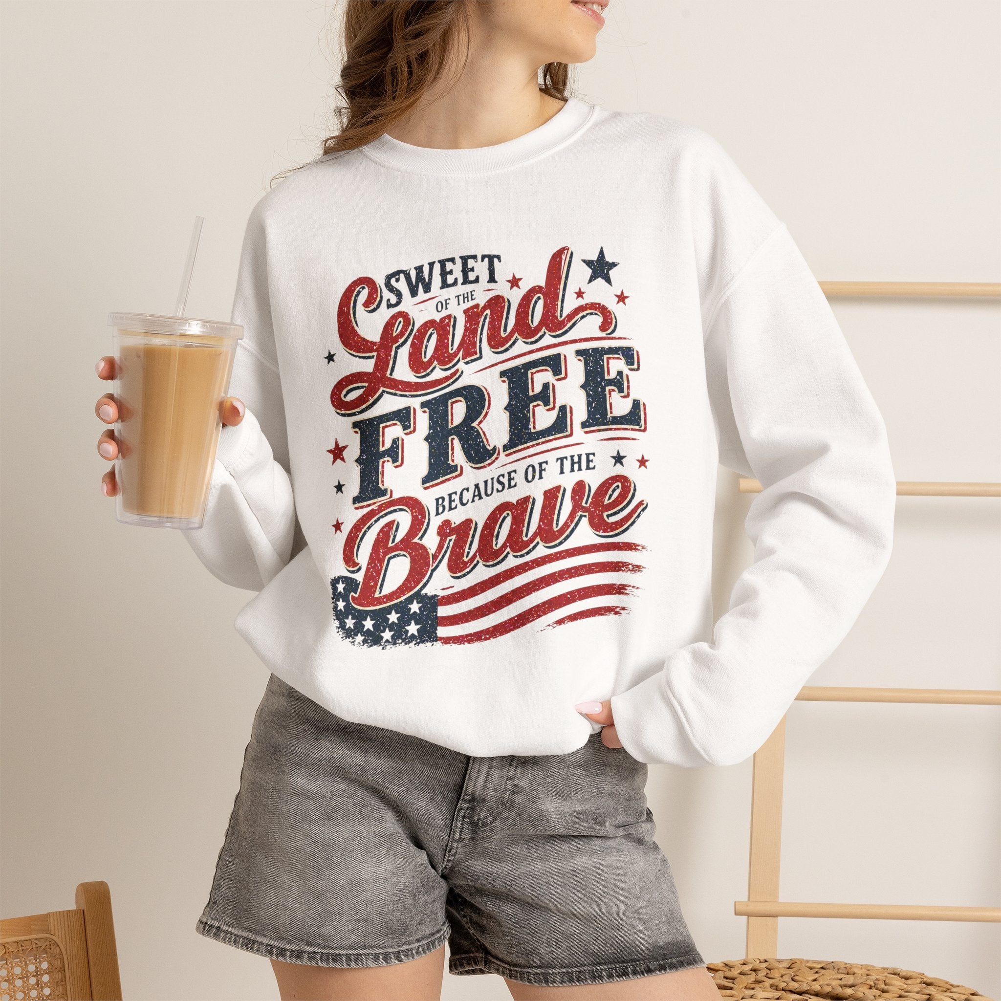 Crewneck Sweatshirt — "Sweet Land Free Because of the Brave" Patriotic Flag Design