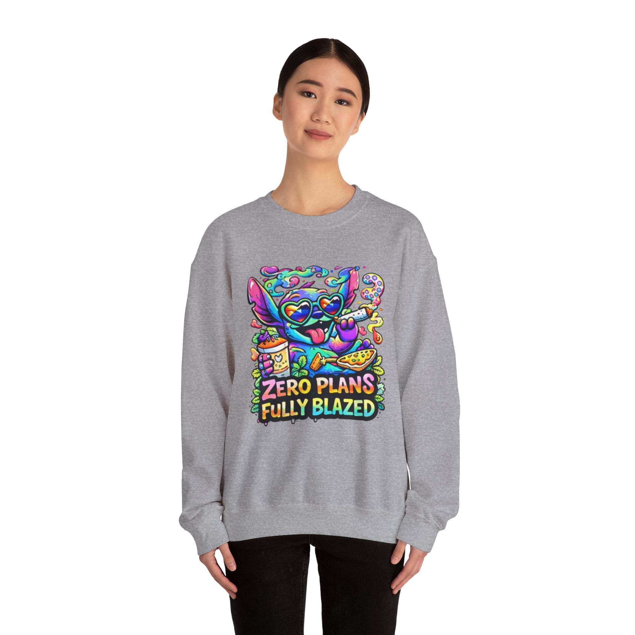 Crewneck Sweatshirt — "Zero Plans Fully Blazed" Colorful Stoner Cartoon Graphic