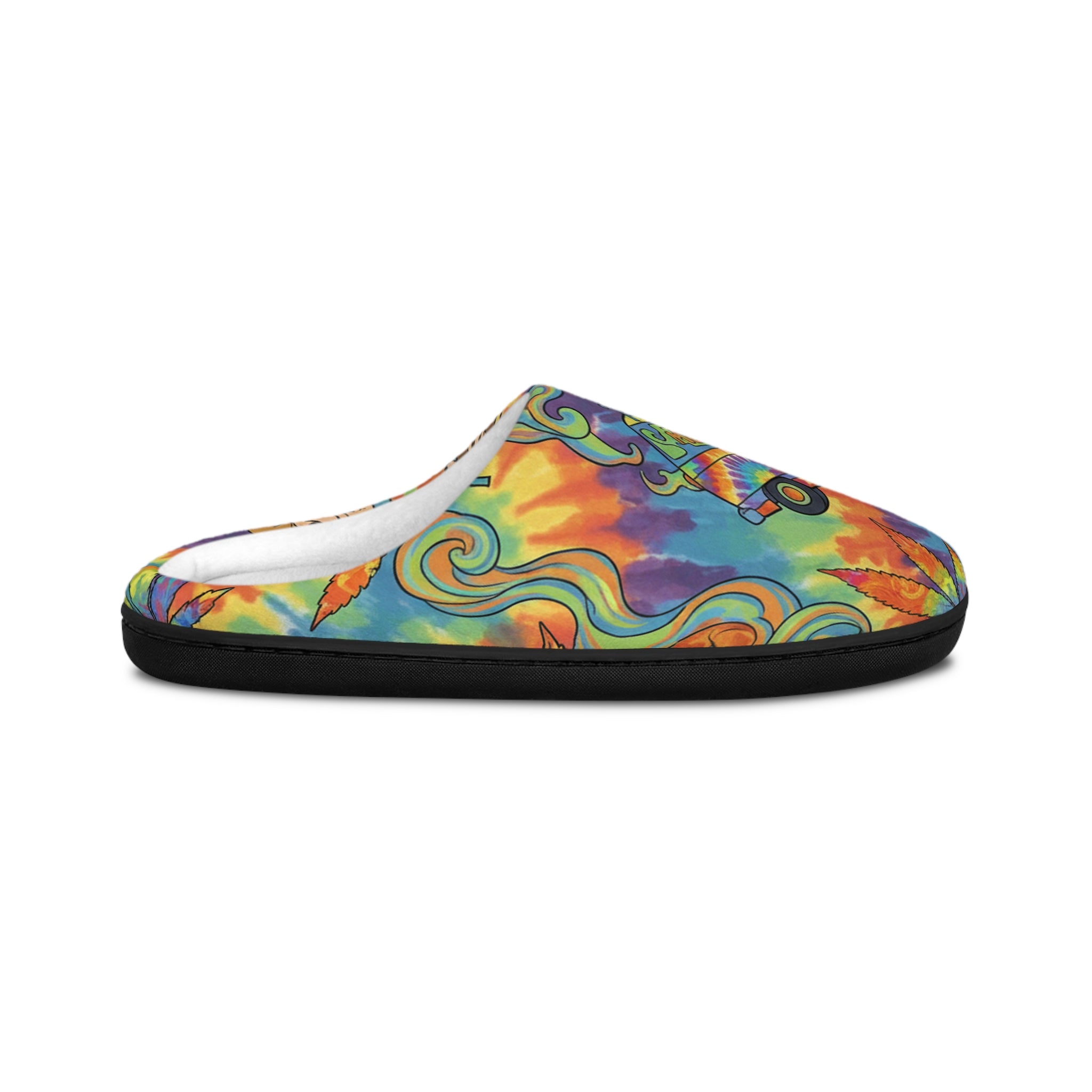 Psychedelic Tie-Dye Slippers — Colorful Retro Bus & Leaf Indoor Cozy