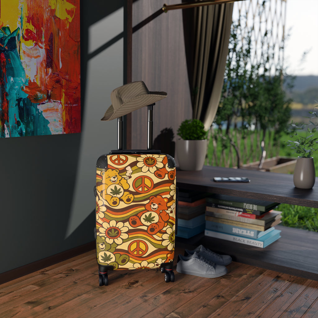 Retro Peace Bear Suitcase – 70s Floral & Peace Sign Luggage