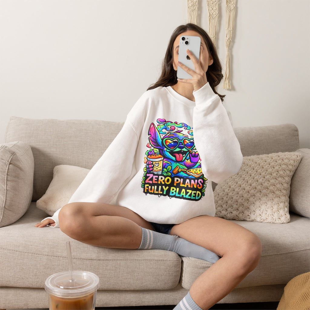 Crewneck Sweatshirt — "Zero Plans Fully Blazed" Colorful Stoner Cartoon Graphic