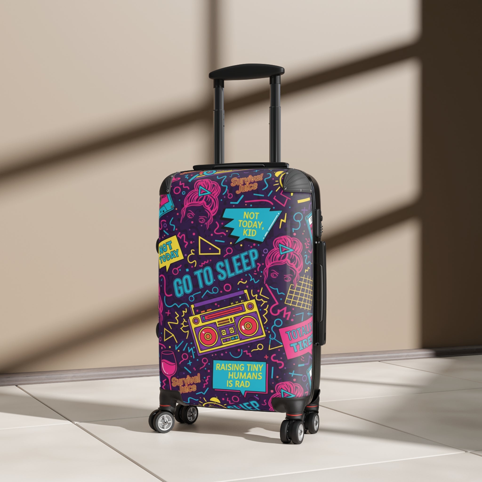 Carry-On Suitcase with Neon ‘Go To Sleep’ Retro Mom Travel Cover