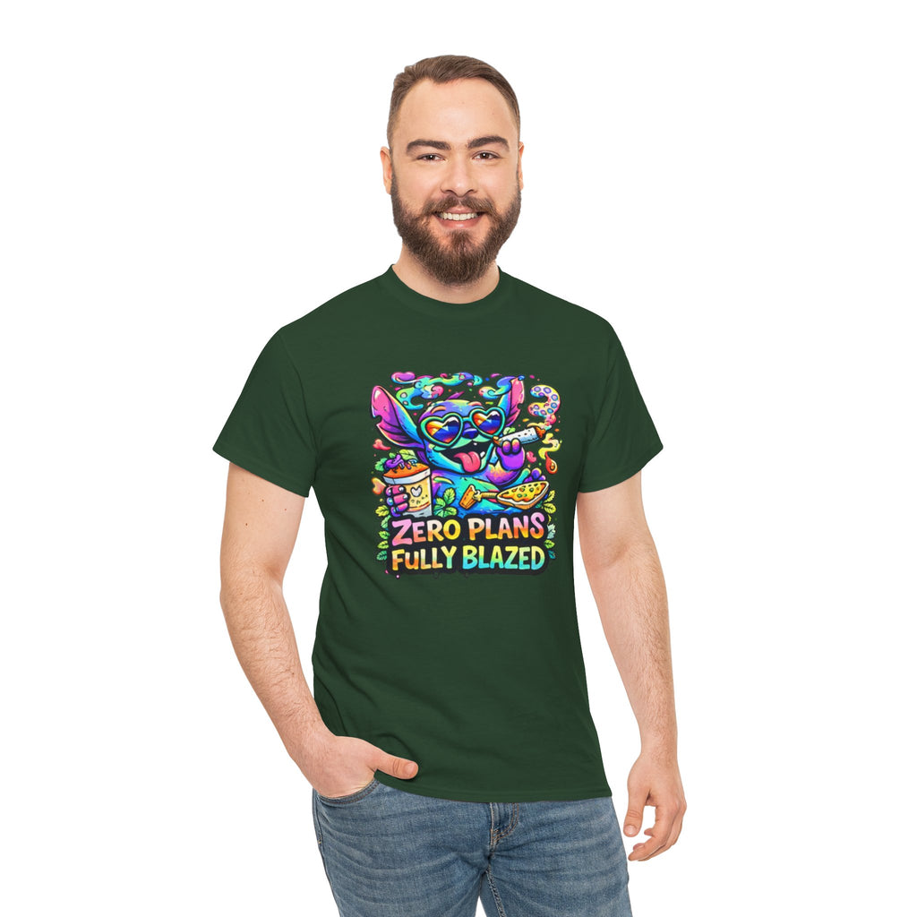 Zero Plans Fully Blazed Tee — Colorful Stoner Cat Graphic T-Shirt