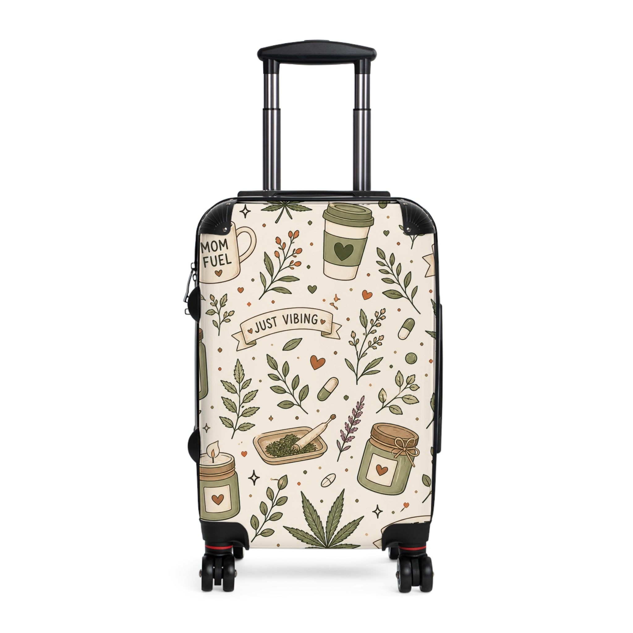 Suitcase — "Just Vibing" Mom Fuel Travel Luggage with Botanical Coffee & Hemp Pattern