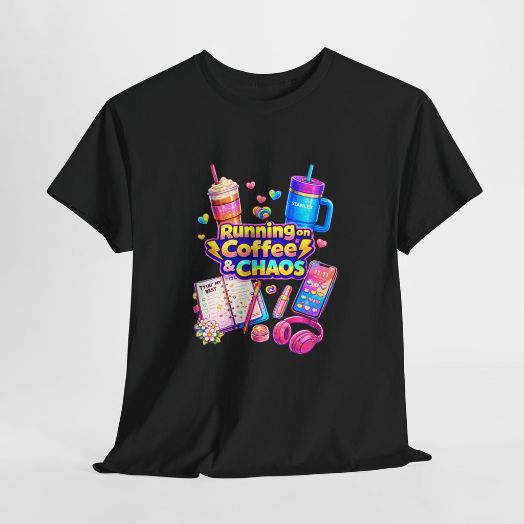 Graphic Tee — "Running on Coffee & Chaos" Colorful Planner Lover Shirt
