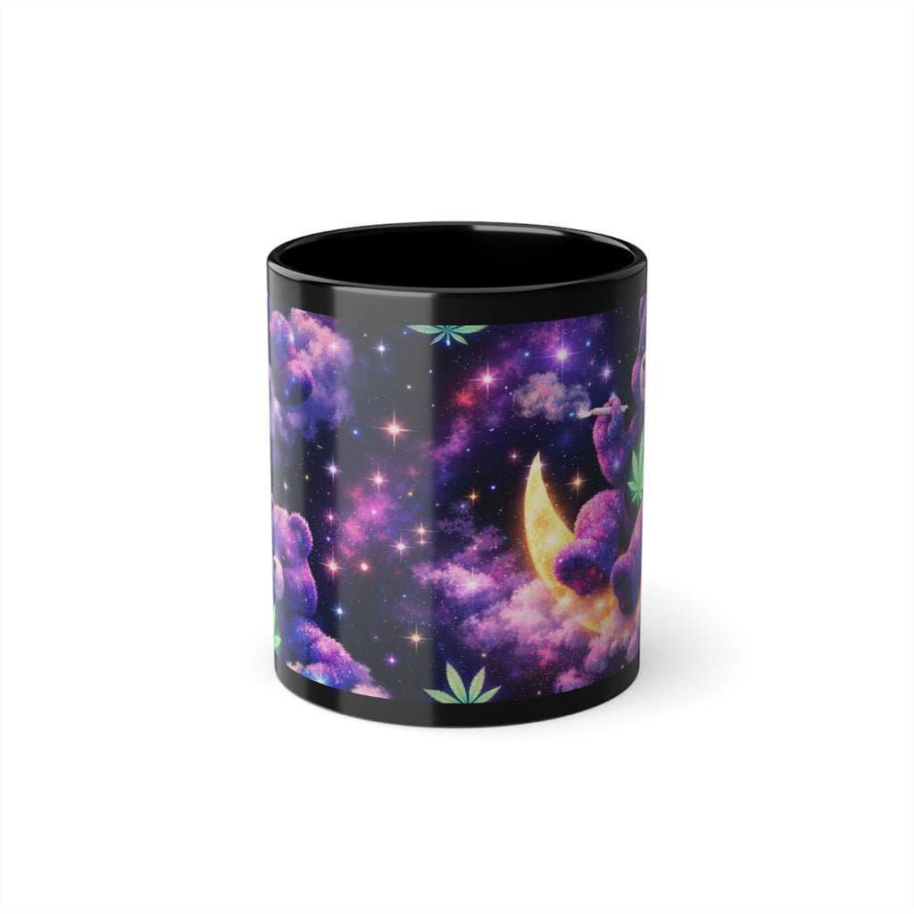 Celestial Dream Cat Black Coffee Mug — 11oz Galaxy Moon Design