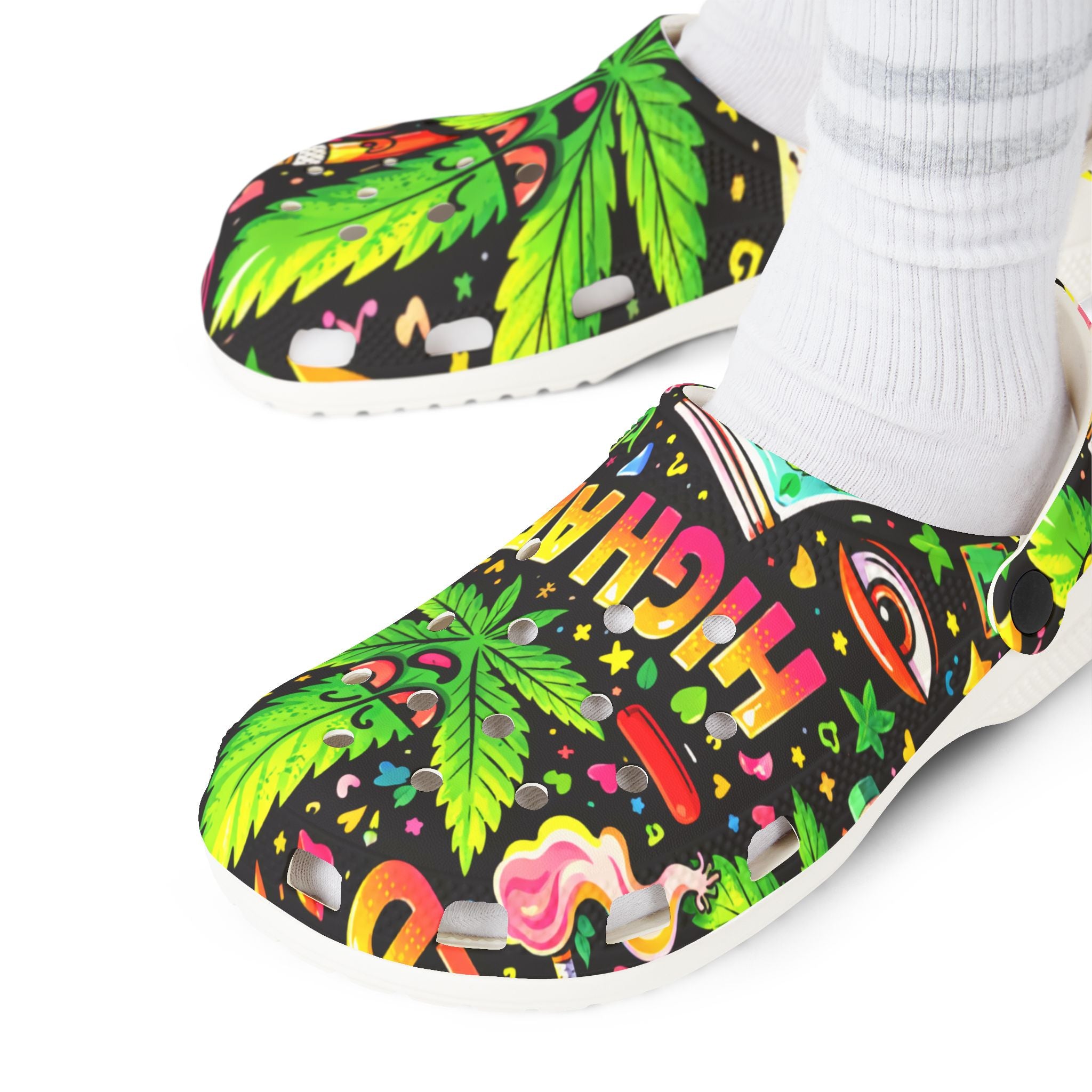 Marijuana Leaf 'High AF' EVA Foam Clogs – Colorful Cannabis Comfort Shoes