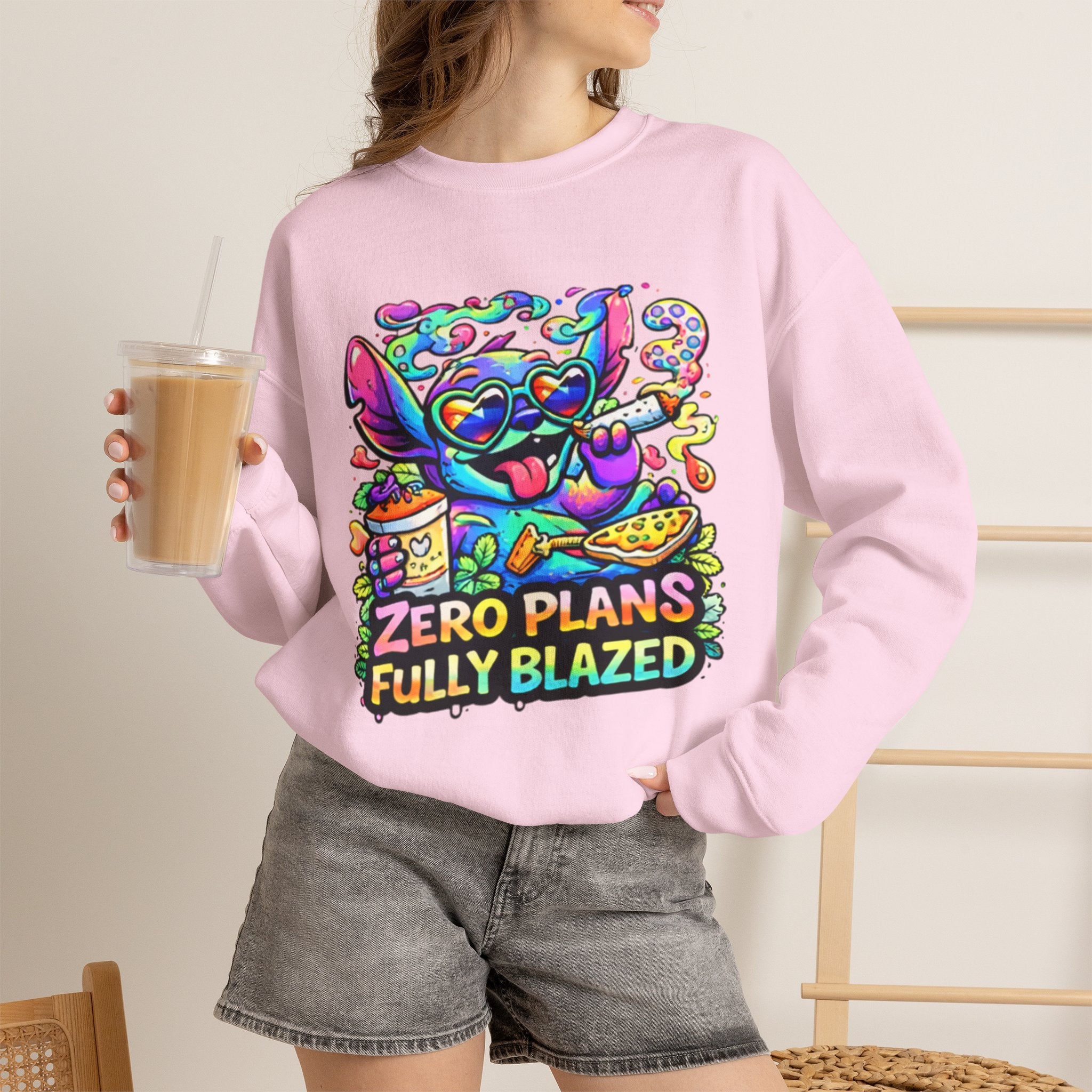 Crewneck Sweatshirt — "Zero Plans Fully Blazed" Colorful Stoner Cartoon Graphic