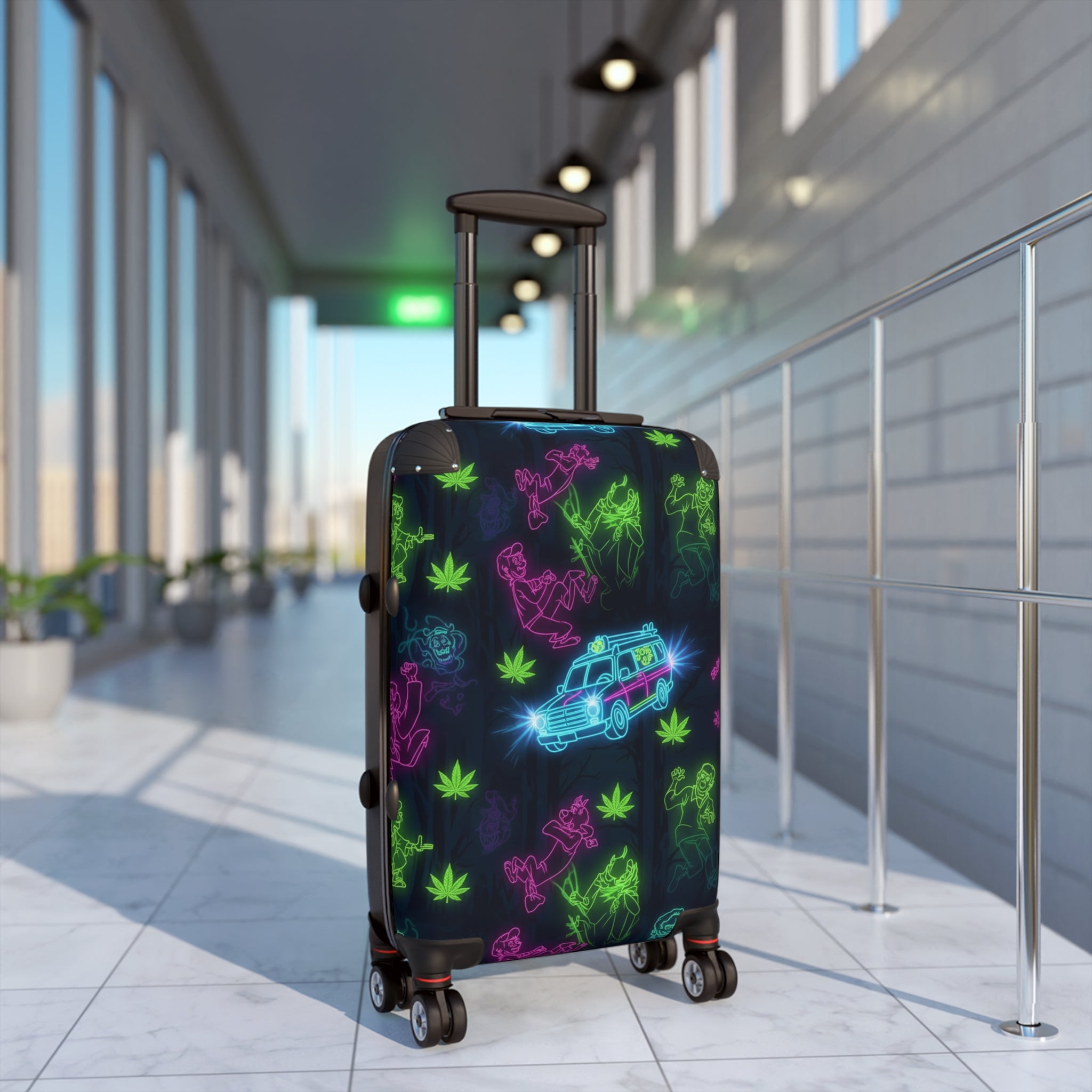 Neon Roadtrip Suitcase – Retro Van & Palm Pattern Carry-On