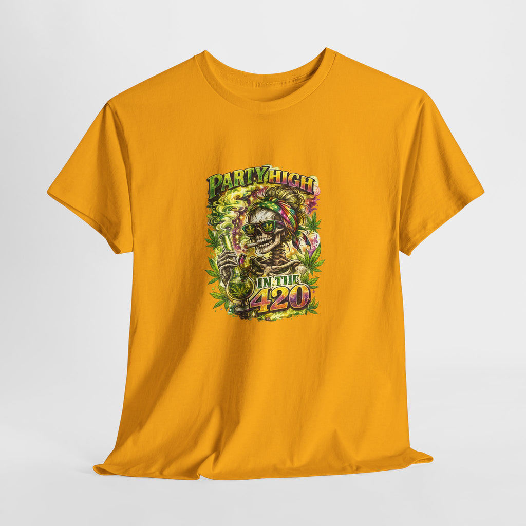 T-Shirt — 'Party High the 420' Cannabis Skull Graphic Tee