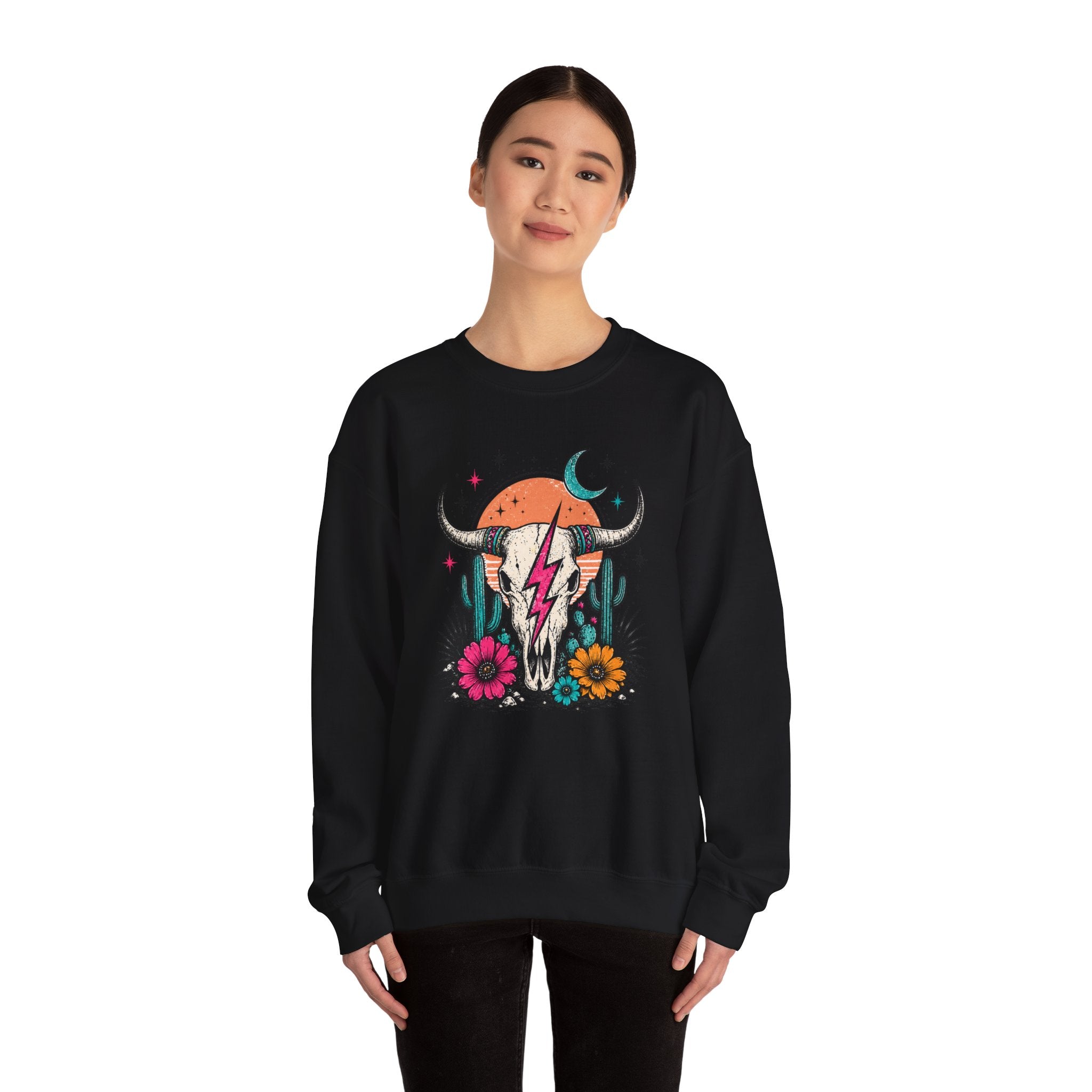 Southwest Skull Crewneck Sweatshirt — Desert Cactus Lightning Graphic